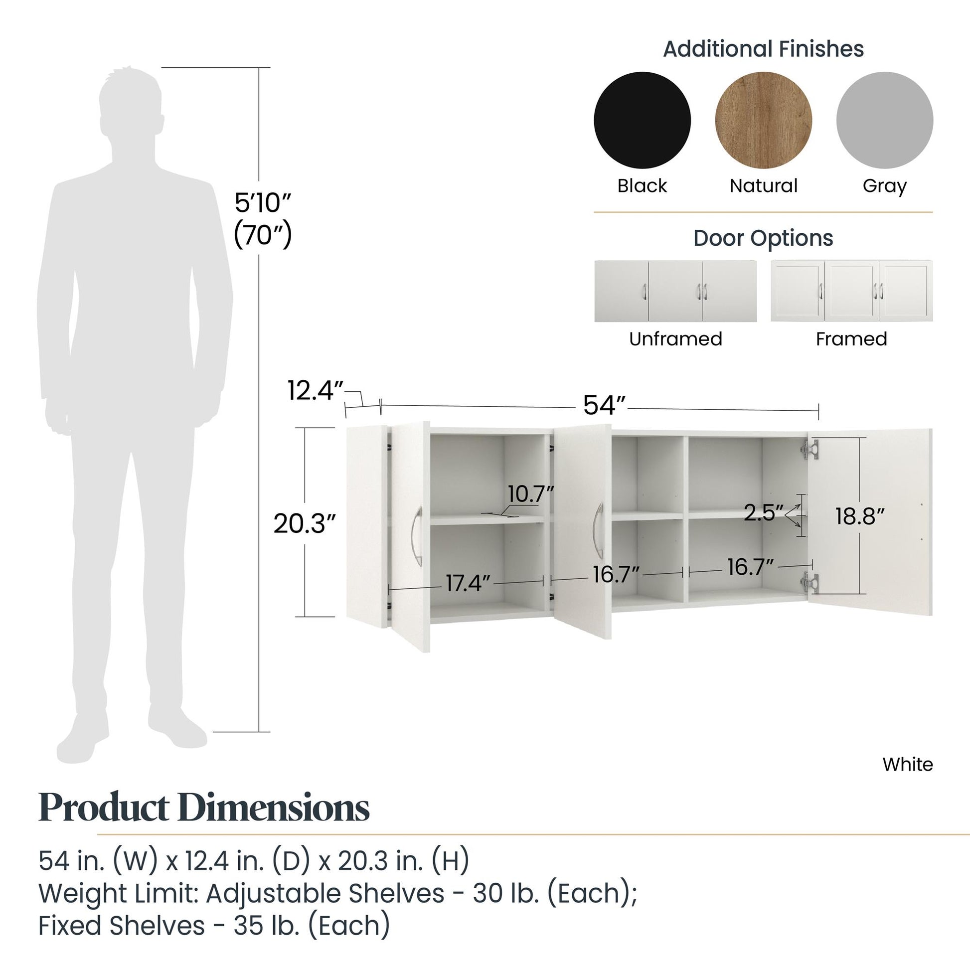 Basin 54 Inch 3 Door Wall Storage Cabinet - White