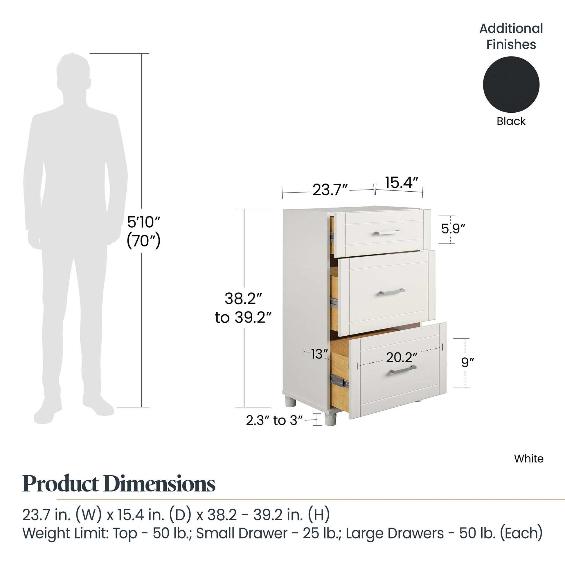 Callahan 24 Inch 3 Drawer Base Cabinet with Adjustable Leg Levelers - Black
