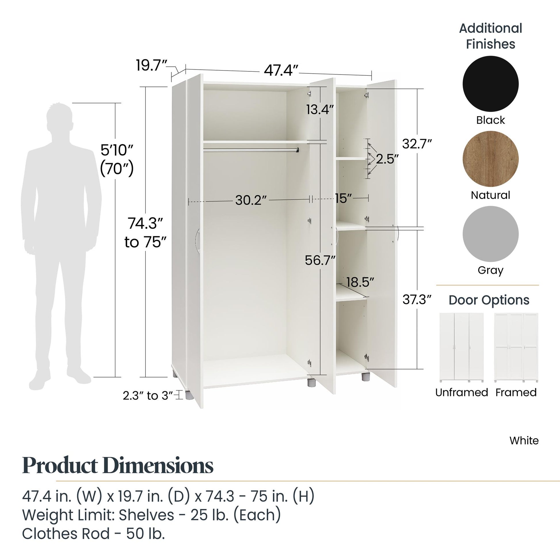 Basin 3 Door Wardrobe with Clothing Rod & Adjustable Shelving - White