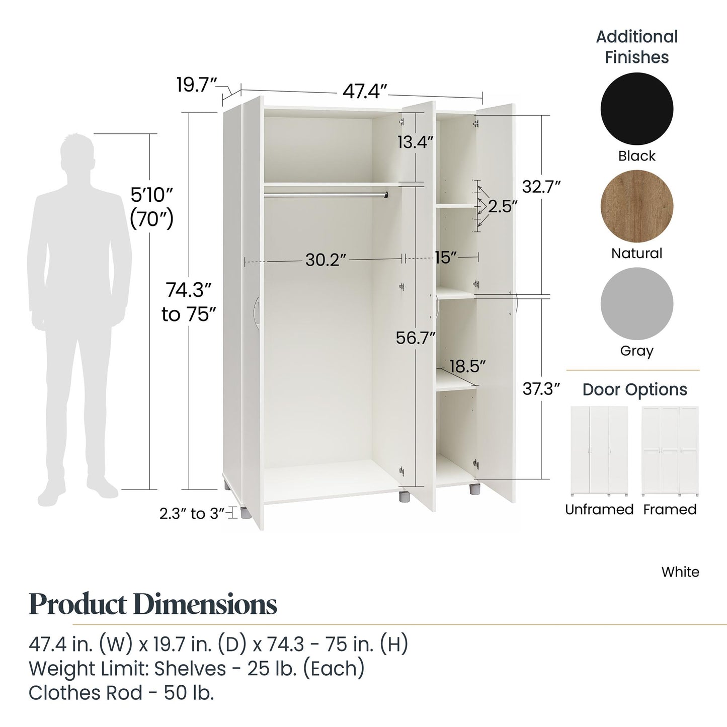 Basin 3 Door Wardrobe with Clothing Rod & Adjustable Shelving - Natural