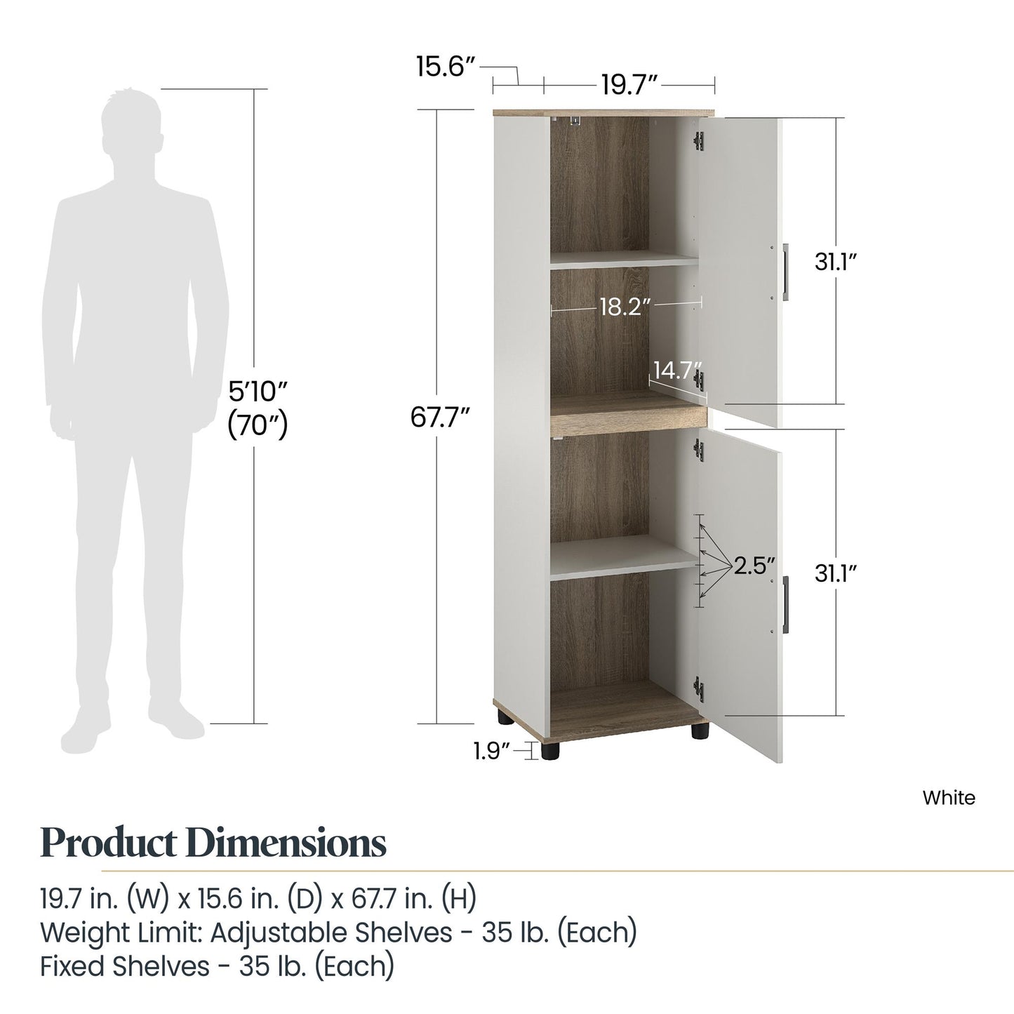 Whitmore 2 Door Multipurpose Storage Cabinet with 4 Shelves - White