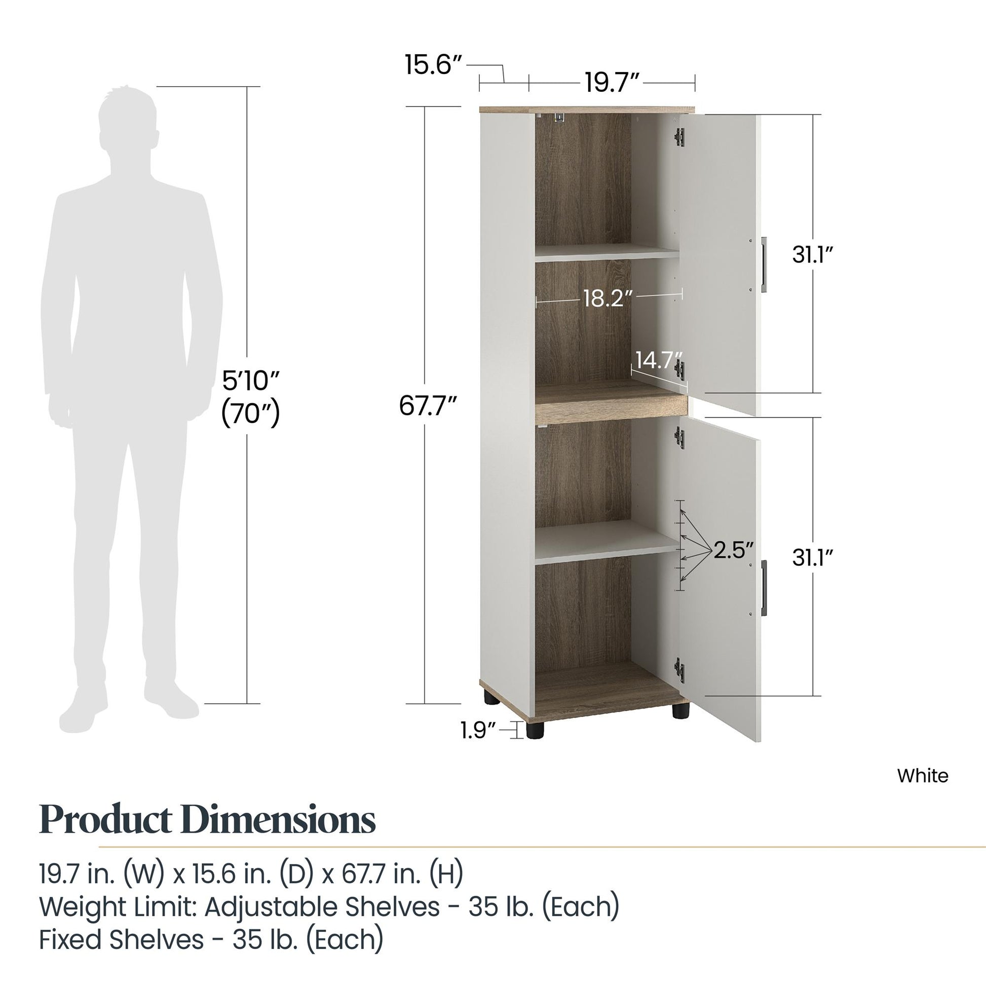 Whitmore 2 Door Multipurpose Storage Cabinet with 4 Shelves - White
