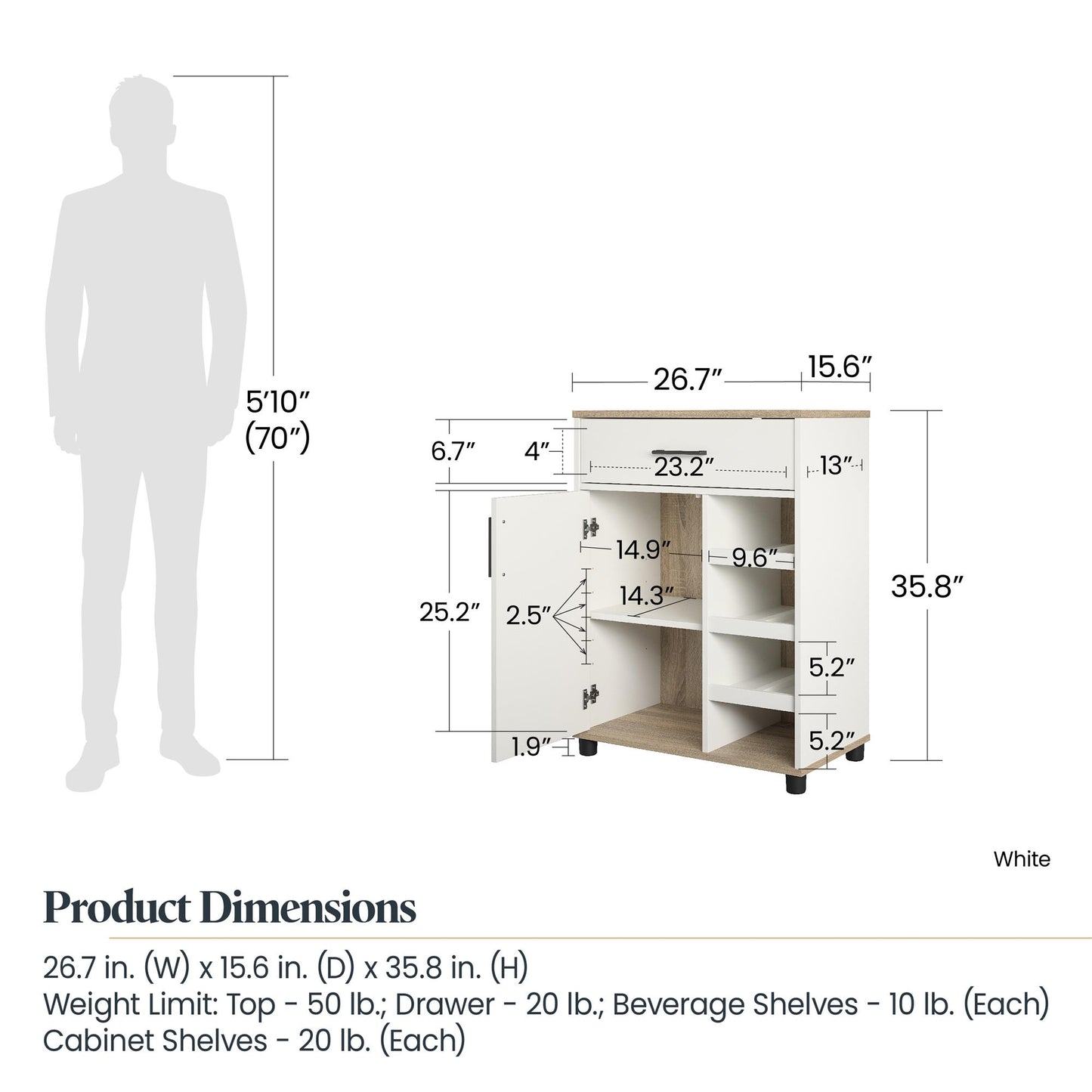 Whitmore Multifunctional Bar Cabinet with Reversible Shelves - White