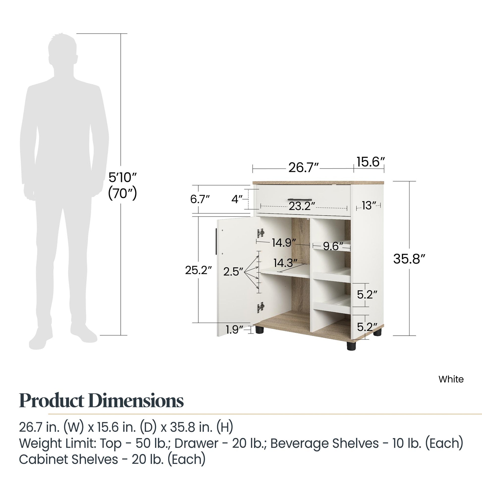 Whitmore Multifunctional Bar Cabinet with Reversible Shelves - White