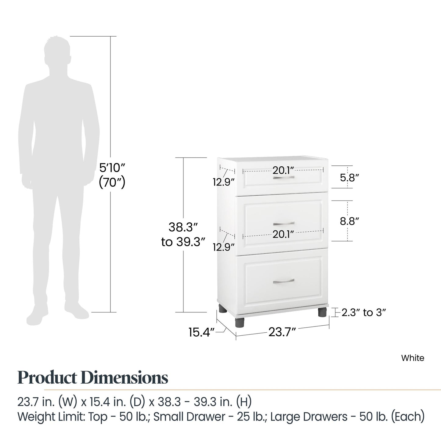 Kendall 24 Inch Multipurpose 3 Drawer Base Storage Cabinet - White