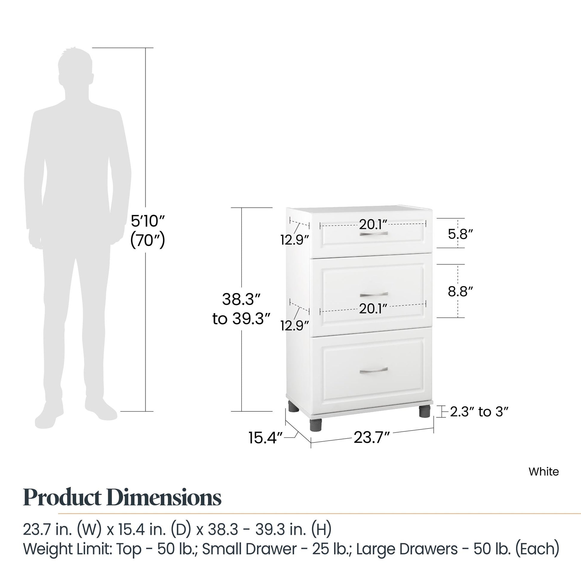 Kendall 24 Inch Multipurpose 3 Drawer Base Storage Cabinet - White