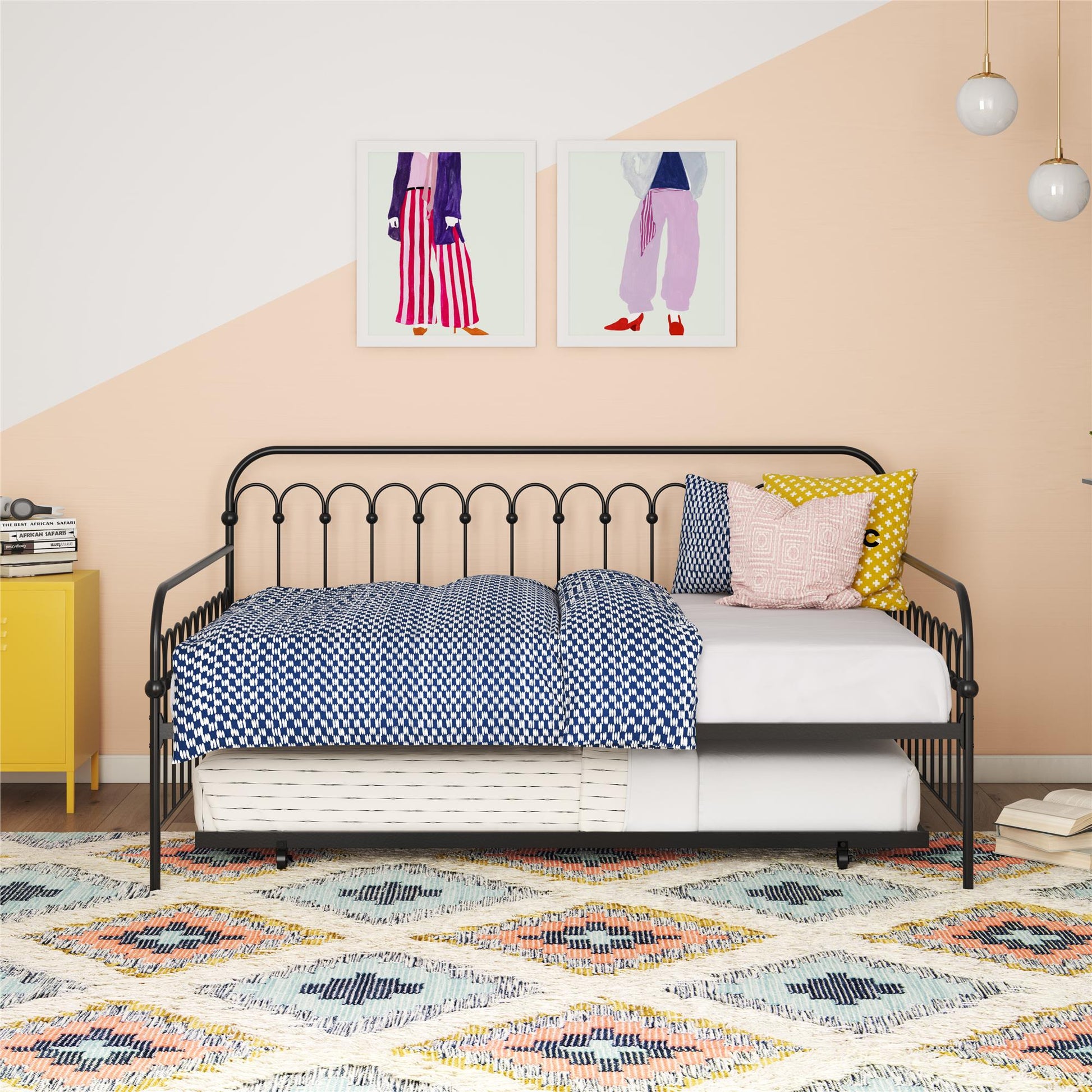 Novogratz Bright Pop Metal Daybed with Trundle, Full/Twin, Black - Black - Full-Over-Twin