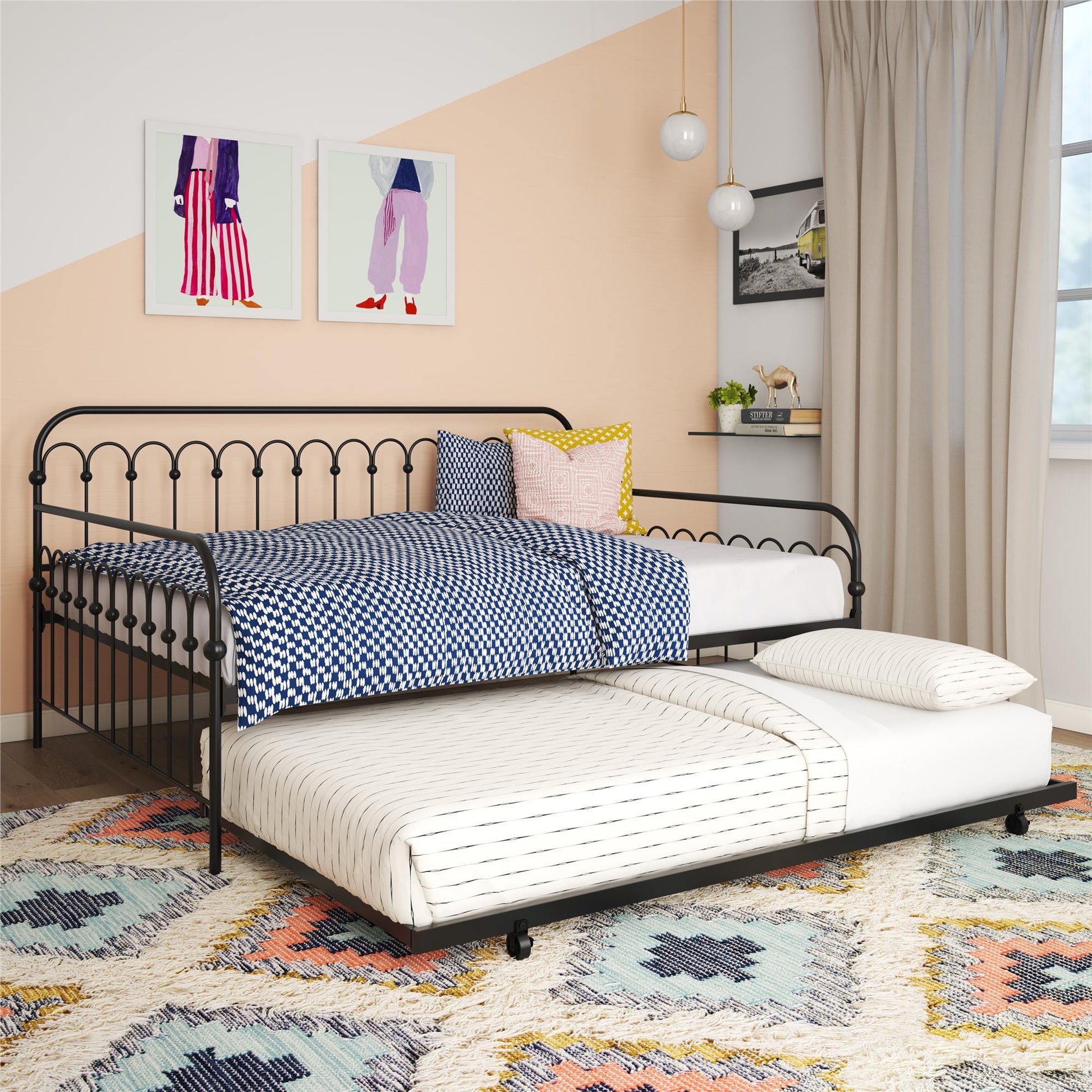 Novogratz Bright Pop Metal Daybed with Trundle, Full/Twin, Black - Black - Full-Over-Twin