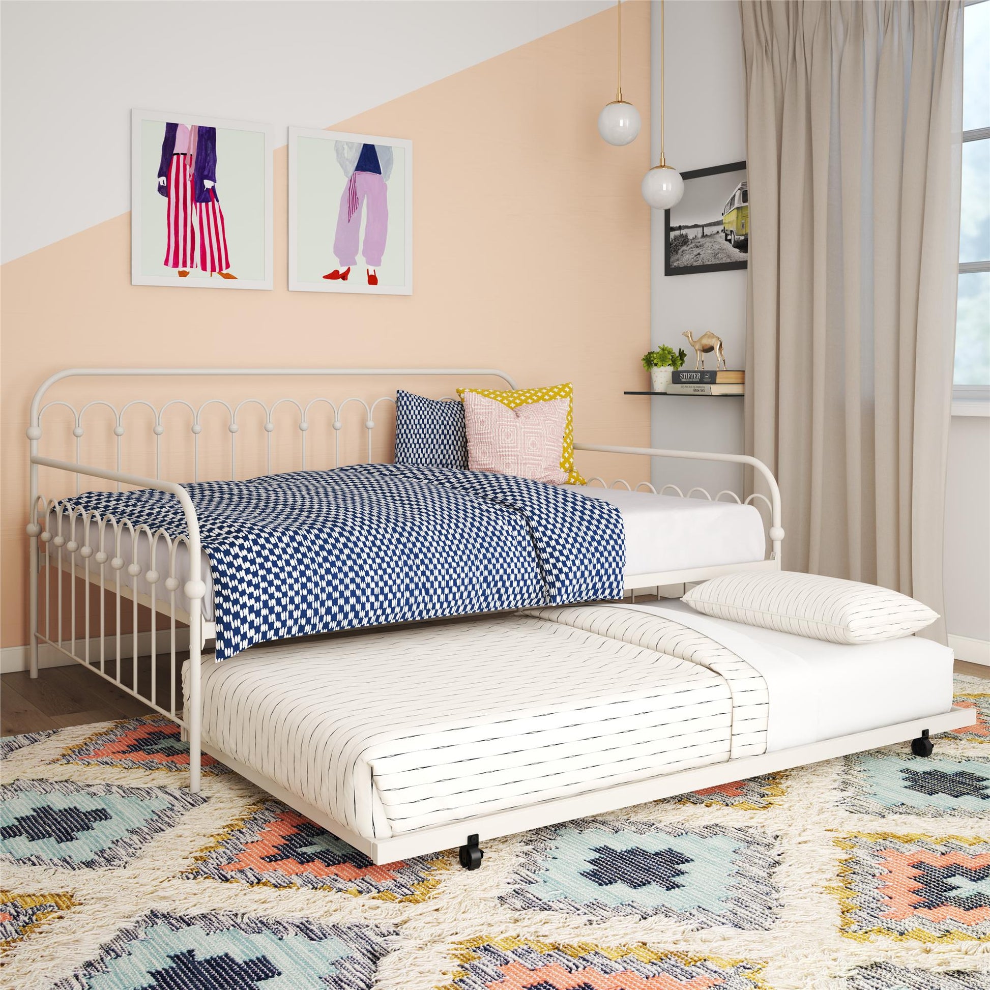 Novogratz Bright Pop Metal Daybed with Trundle, Full/Twin, Off White - Off White - Full-Over-Twin
