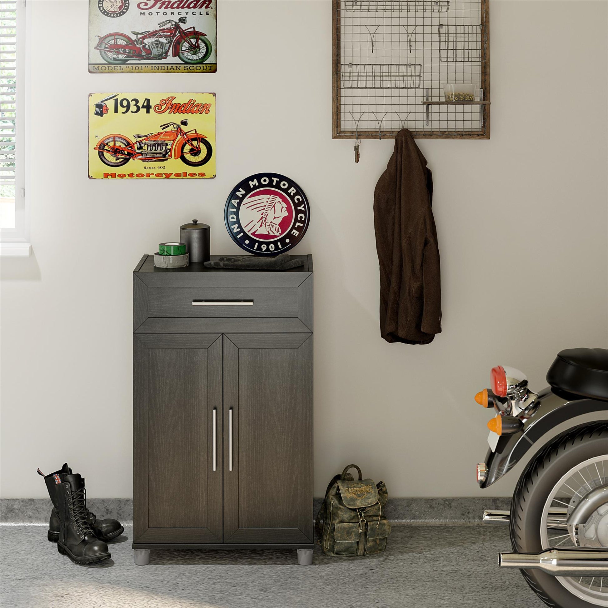 Camberly Framed 2 Door/1 Drawer Storage Cabinet, Black Oak - Black Oak