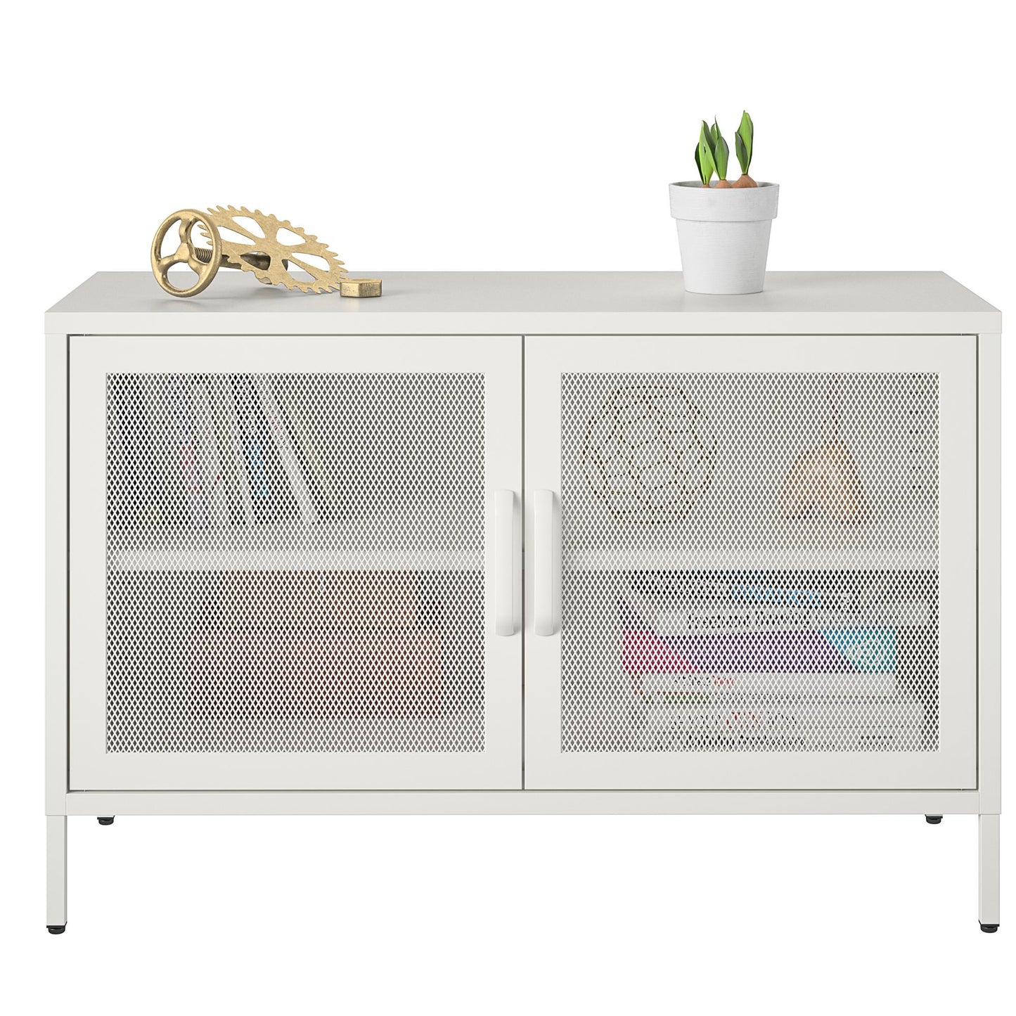 Sunset District 2 Door Storage Cabinet-Mesh Metal Locker, White - White