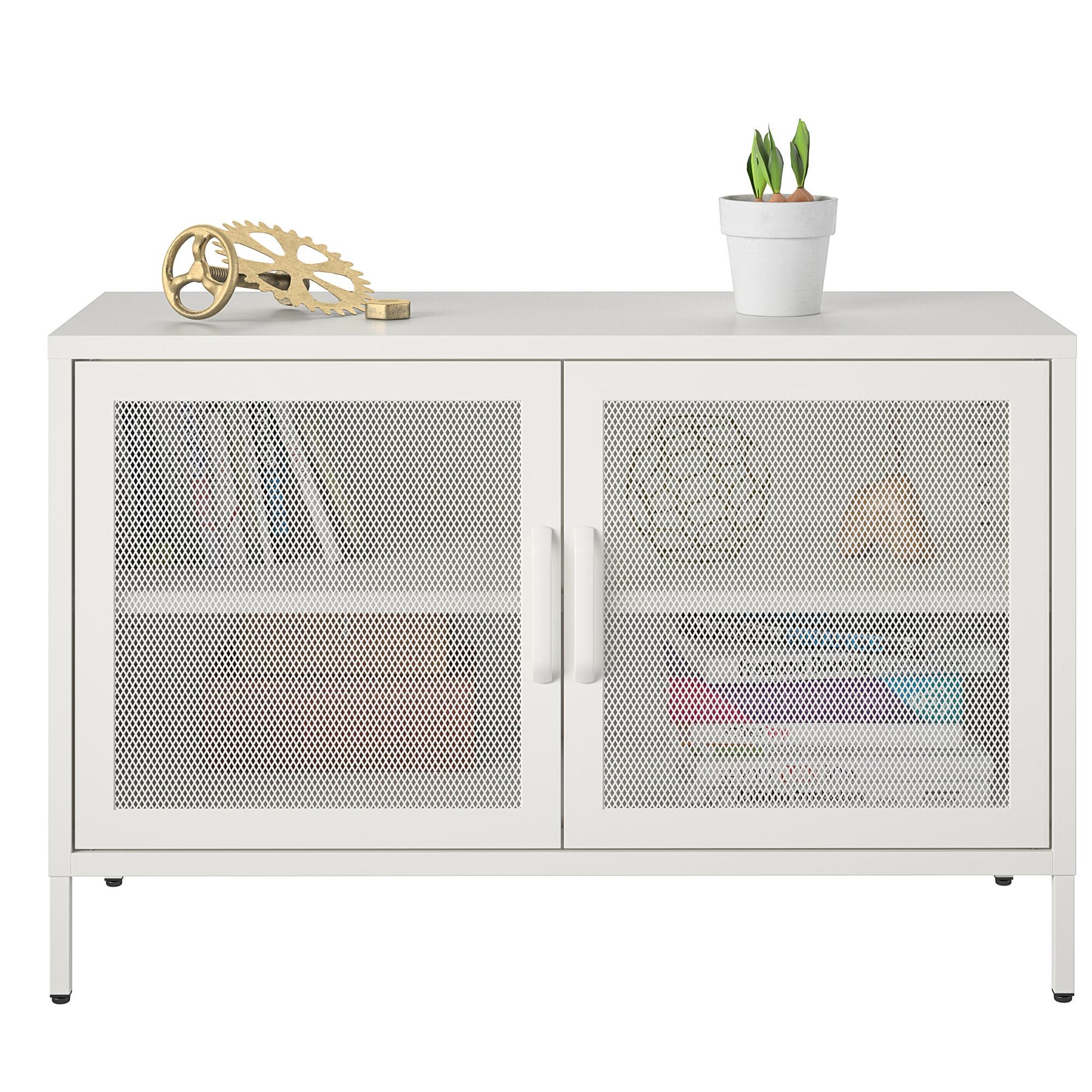 Sunset District 2 Door Storage Cabinet-Mesh Metal Locker, White - White