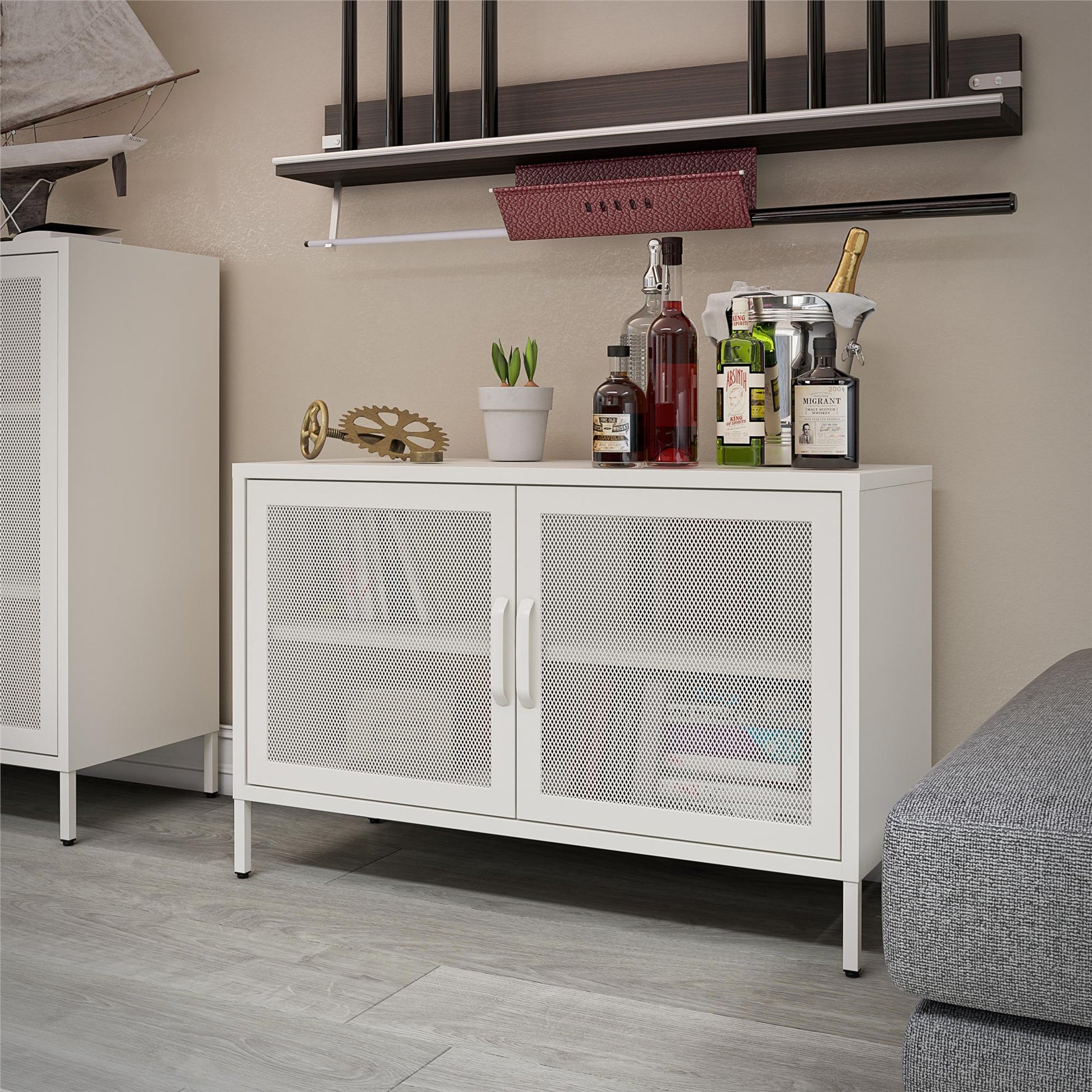 Sunset District 2 Door Storage Cabinet-Mesh Metal Locker, White - White