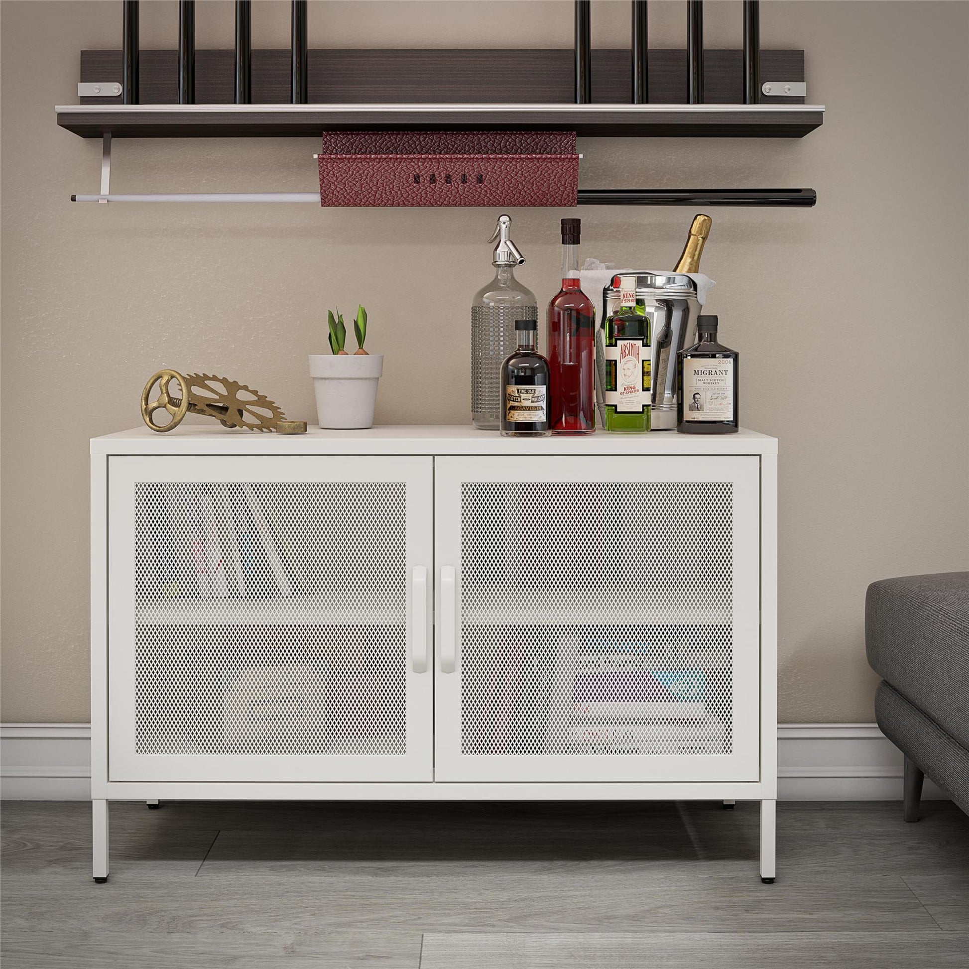 Sunset District 2 Door Storage Cabinet-Mesh Metal Locker, White - White