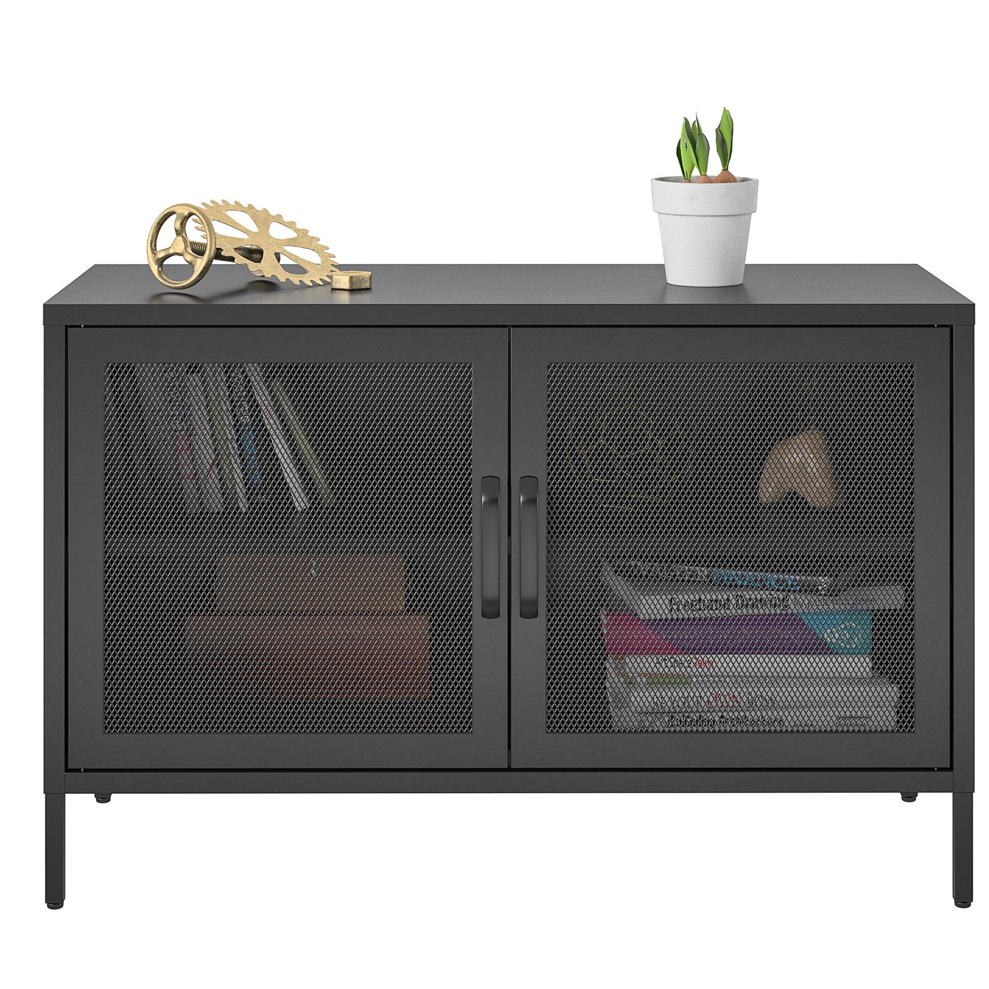 Sunset District 2 Door Storage Cabinet-Mesh Metal Locker, Black - Black