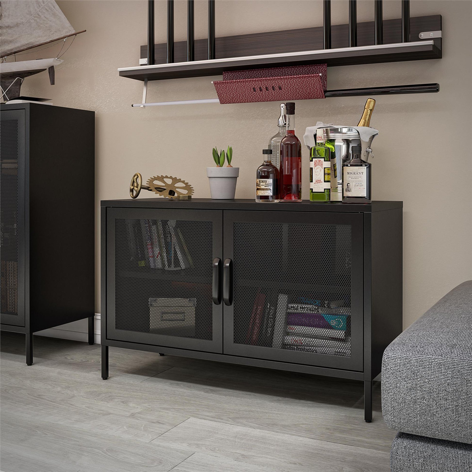 Sunset District 2 Door Storage Cabinet-Mesh Metal Locker, Black - Black