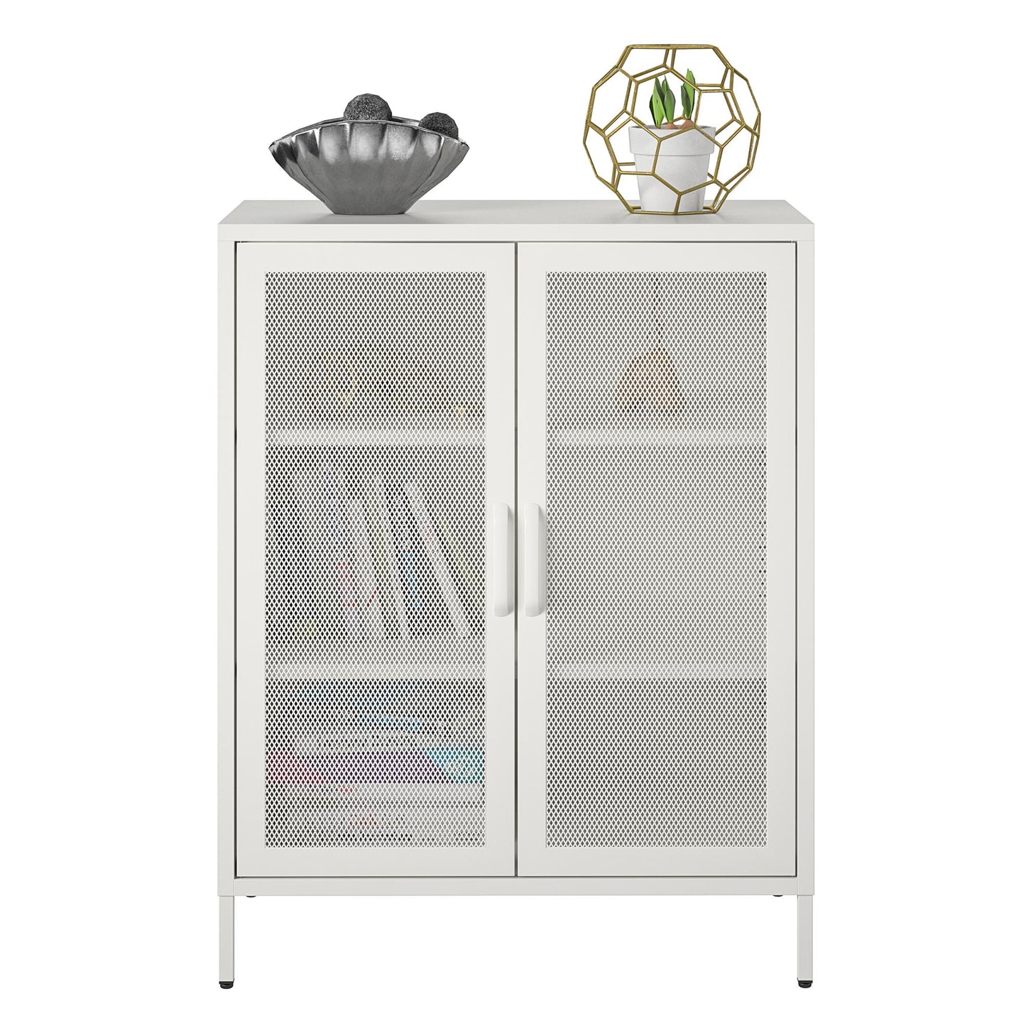 Sunset District 2 Door Accent Cabinet-Mesh Metal Locker, White - White