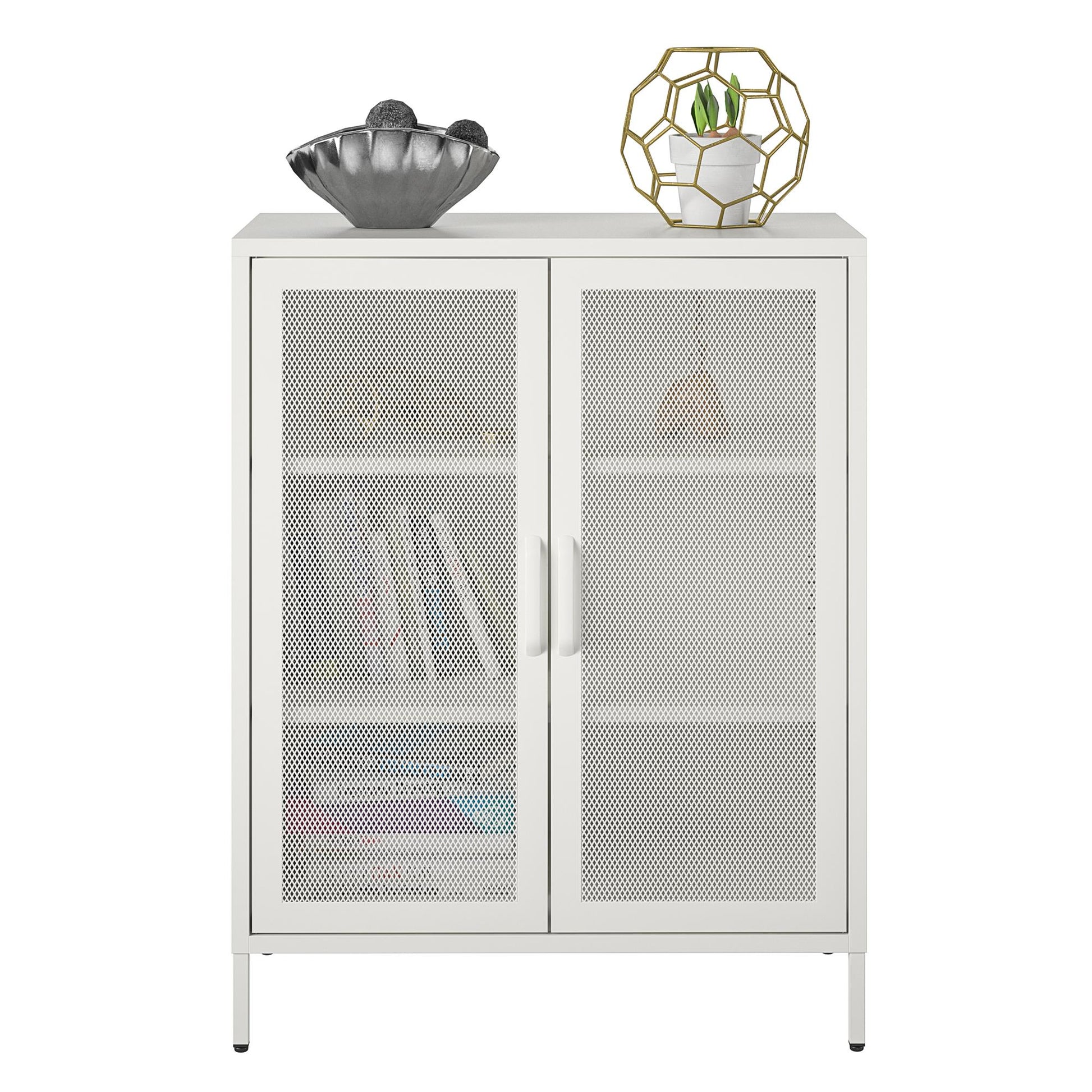 Sunset District 2 Door Accent Cabinet-Mesh Metal Locker, White - White