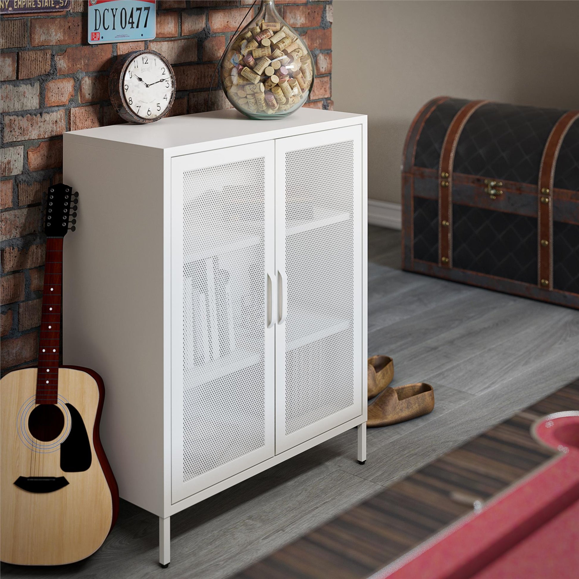 Sunset District 2 Door Accent Cabinet-Mesh Metal Locker, White - White