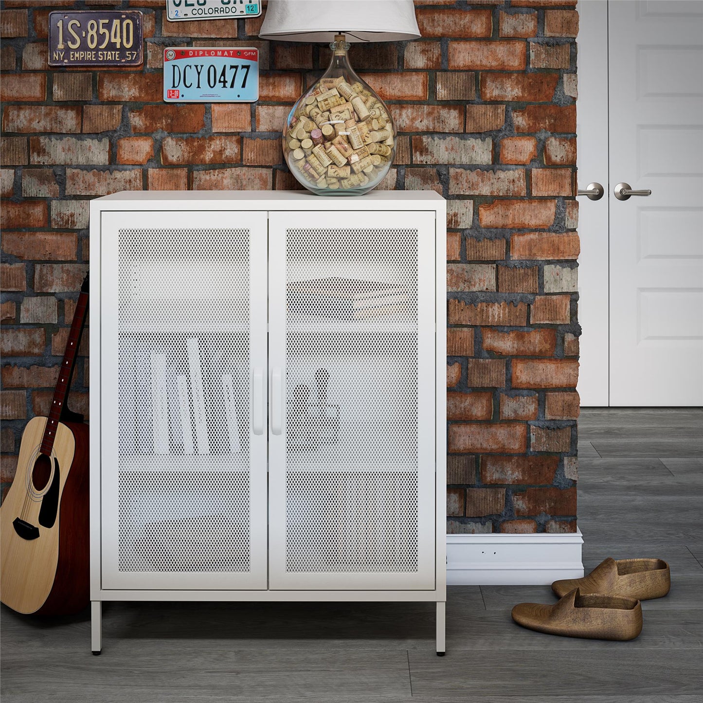 Sunset District 2 Door Accent Cabinet-Mesh Metal Locker, White - White