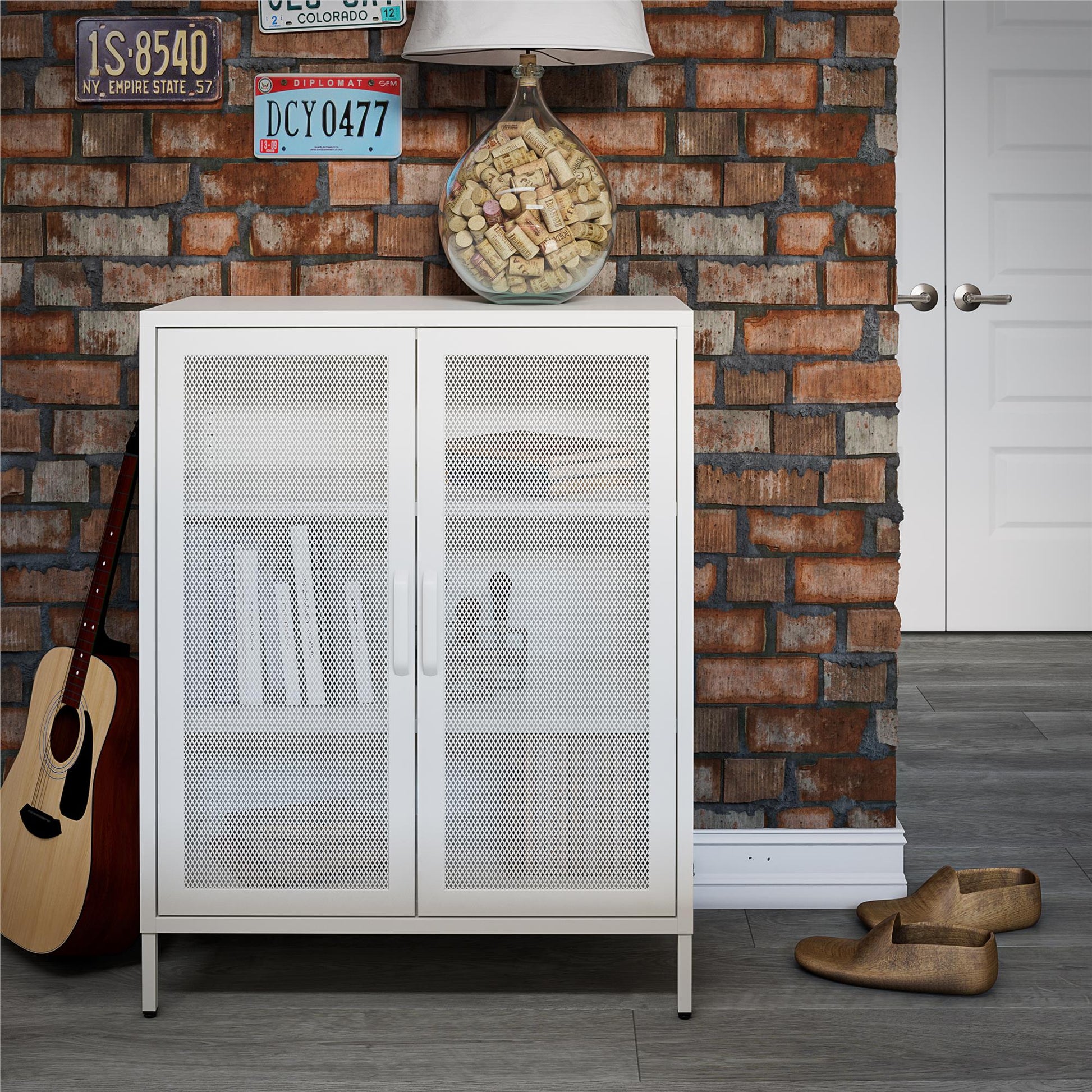 Sunset District 2 Door Accent Cabinet-Mesh Metal Locker, White - White