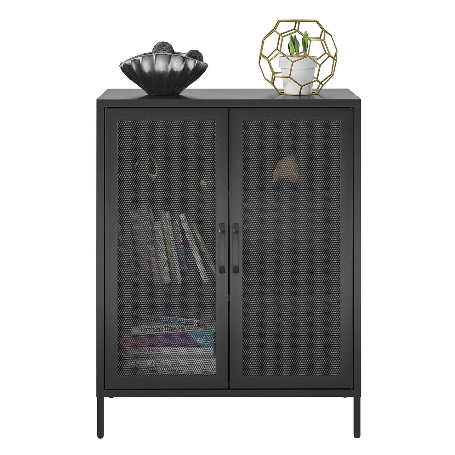 Sunset District 2 Door Accent Cabinet-Mesh Metal Locker, Black - Black
