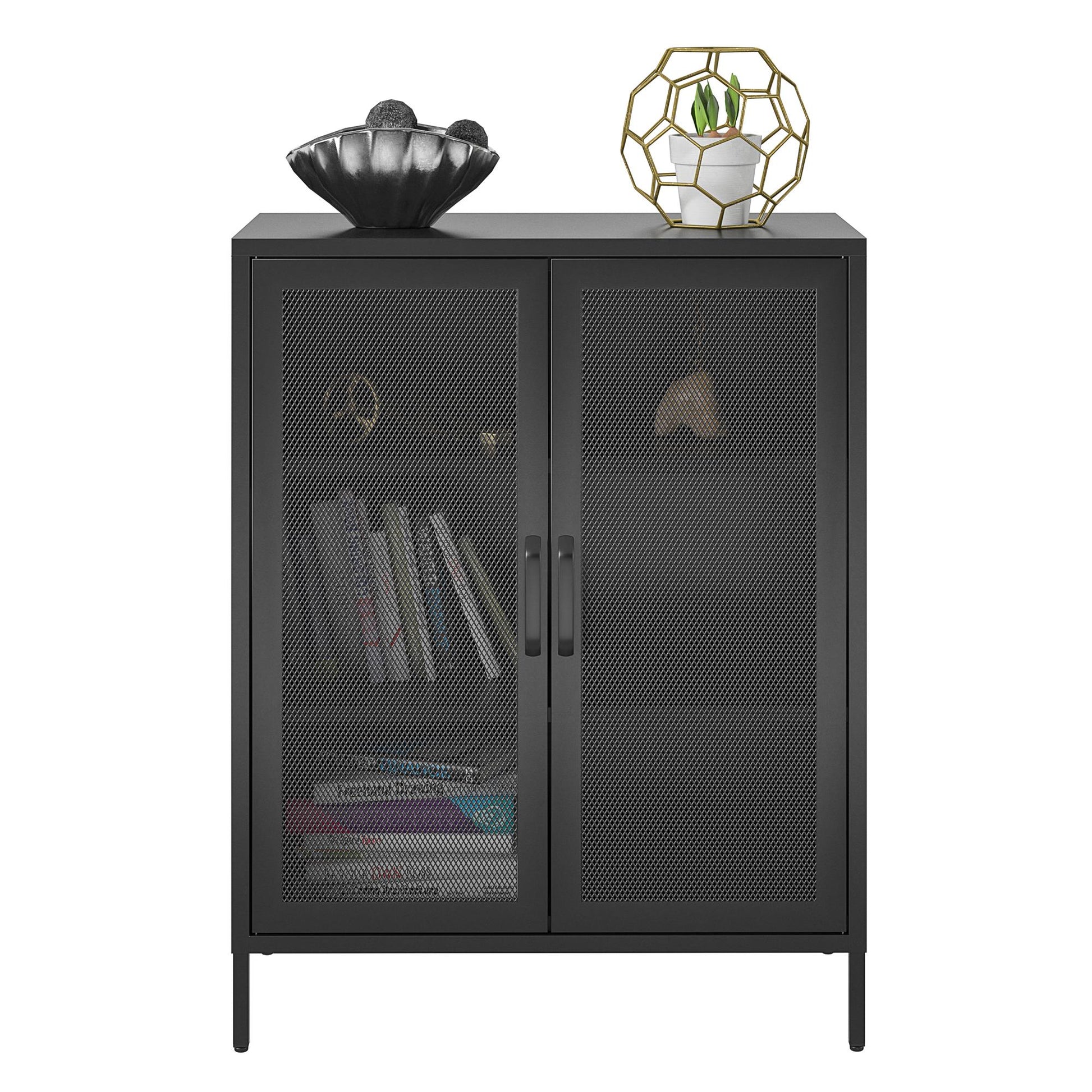 Sunset District 2 Door Accent Cabinet-Mesh Metal Locker, Black - Black