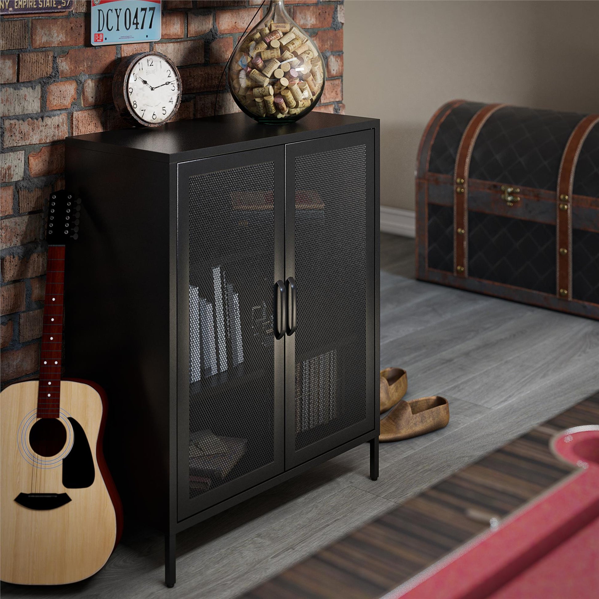 Sunset District 2 Door Accent Cabinet-Mesh Metal Locker, Black - Black