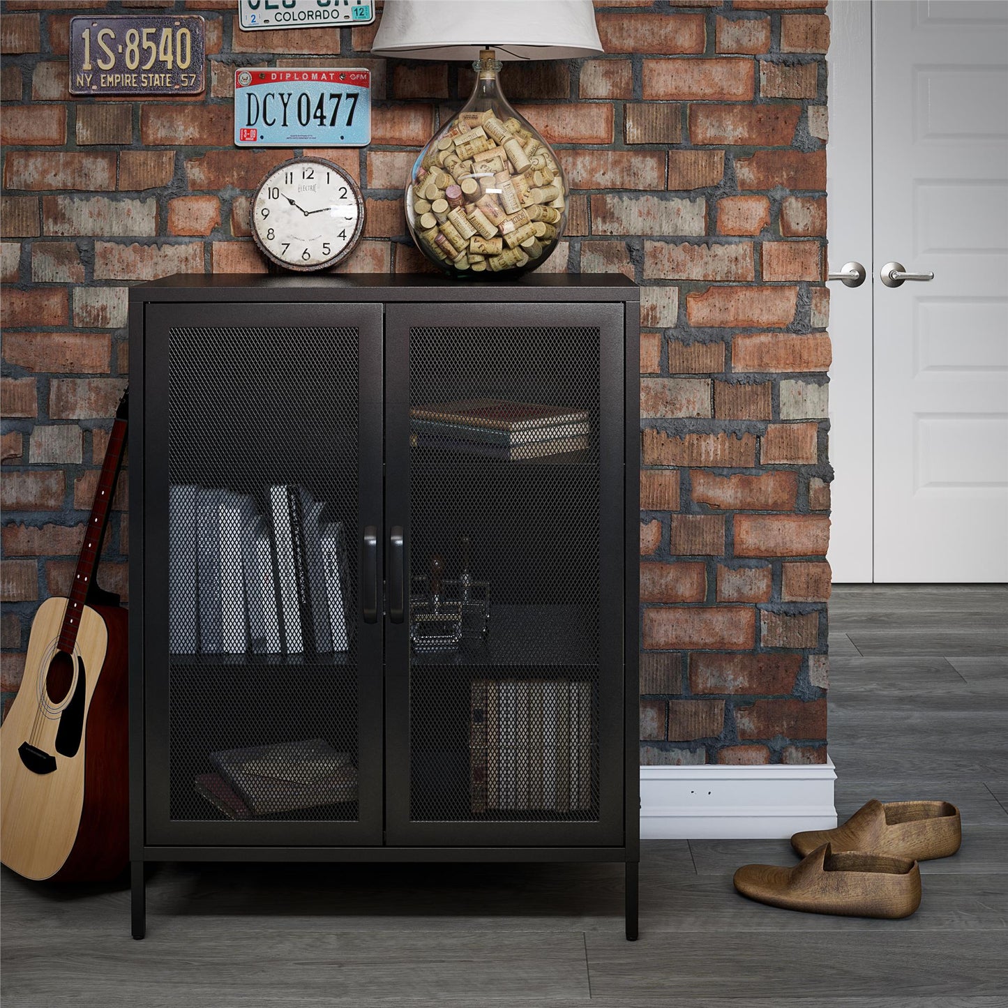 Sunset District 2 Door Accent Cabinet-Mesh Metal Locker, Black - Black