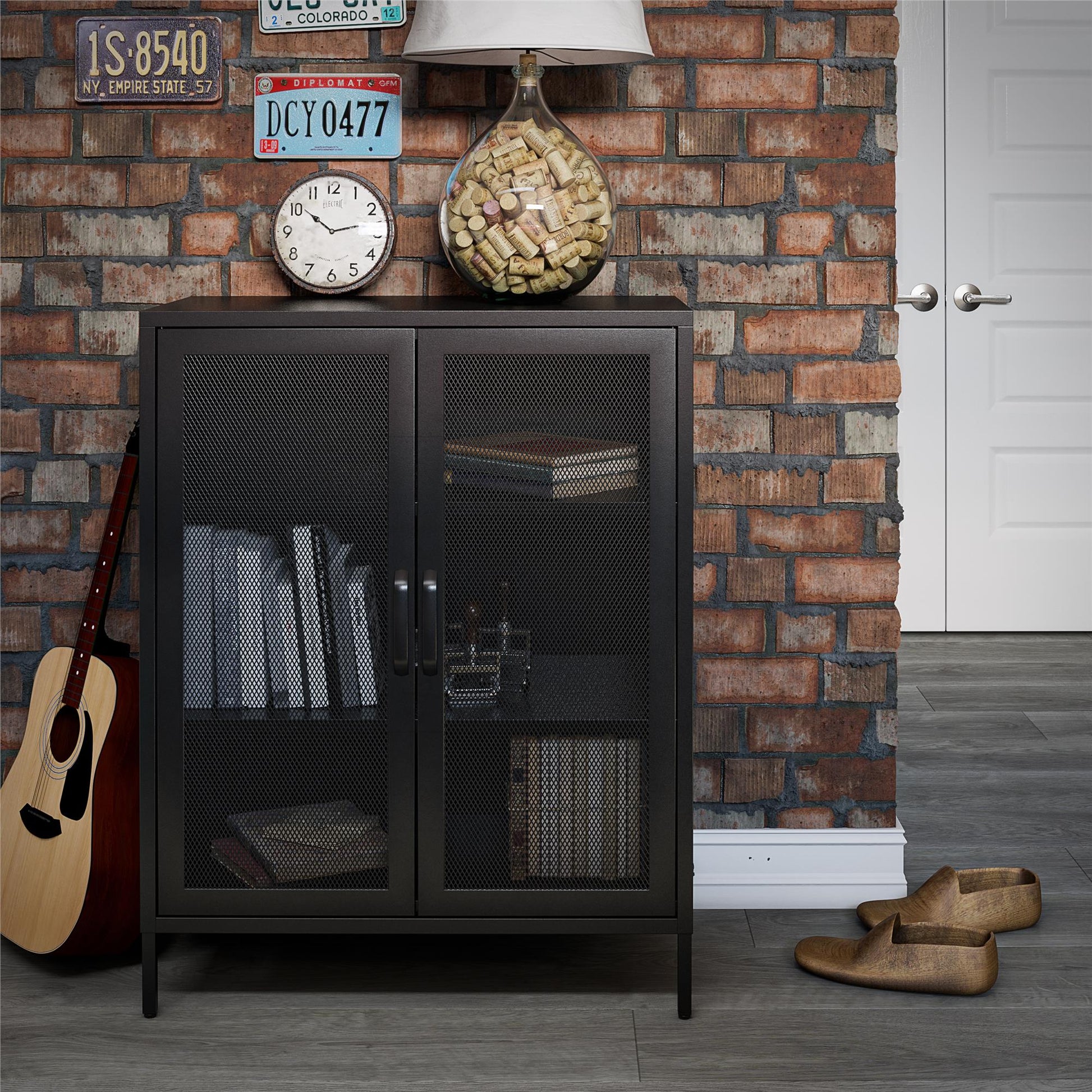 Sunset District 2 Door Accent Cabinet-Mesh Metal Locker, Black - Black