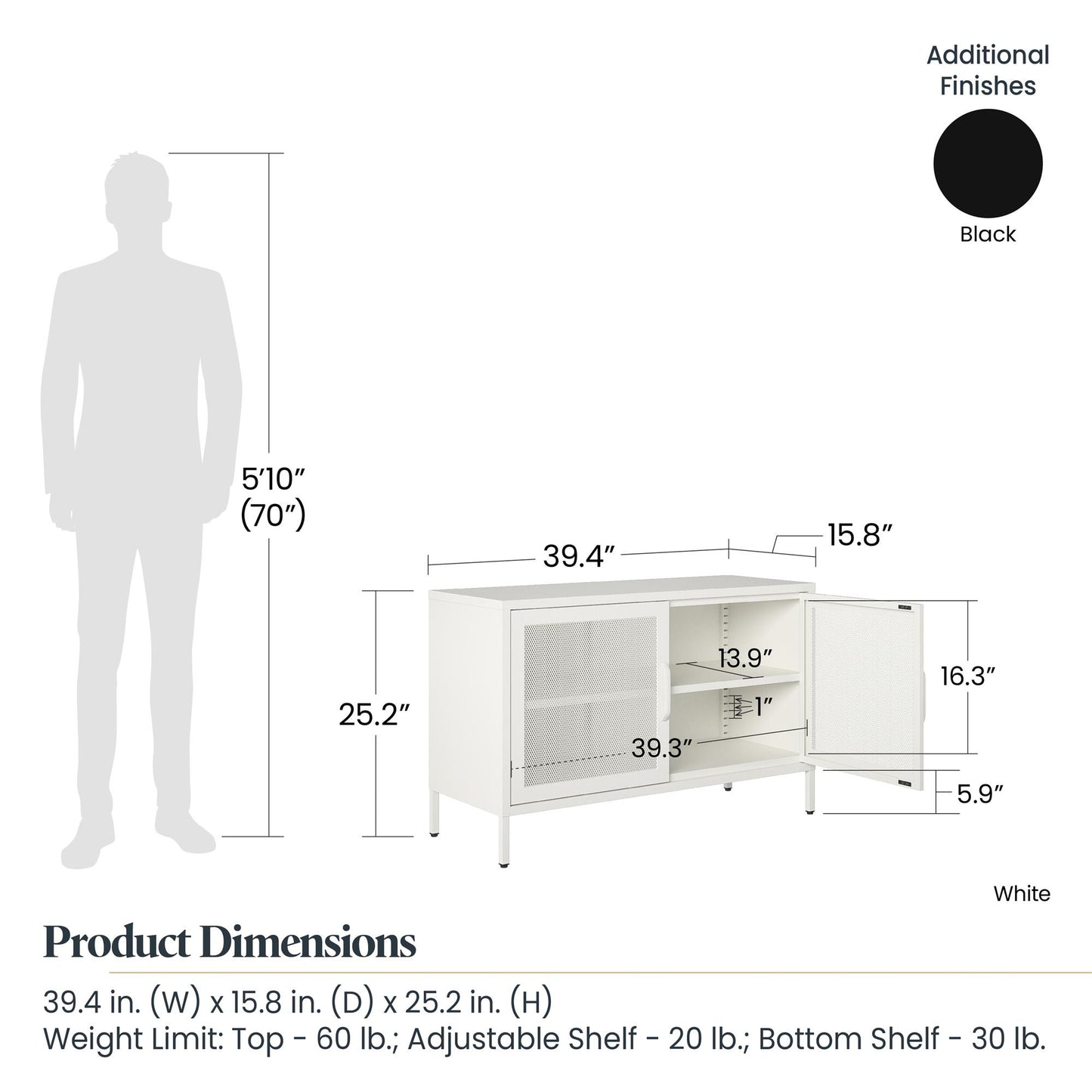 Sunset District 2 Door Storage Cabinet-Mesh Metal Locker, White - White