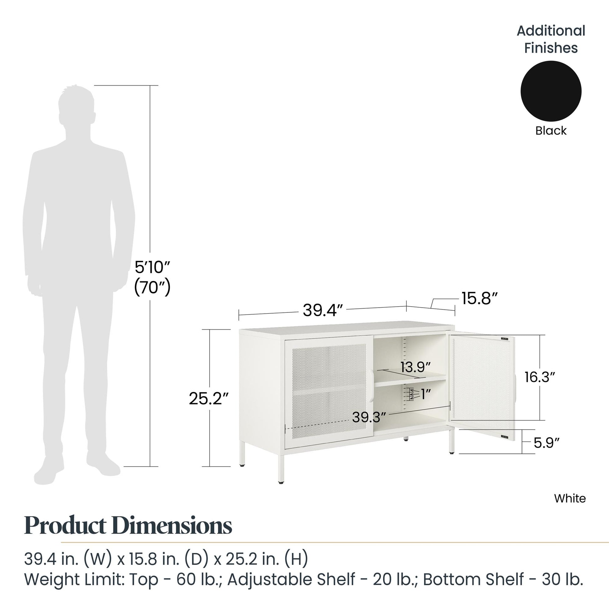 Sunset District 2 Door Storage Cabinet-Mesh Metal Locker, White - White