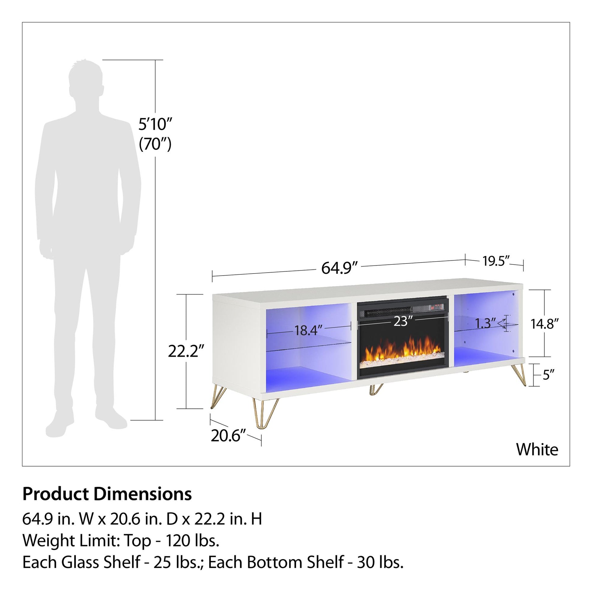 Finley 70" Fireplace TV Stand, White - White