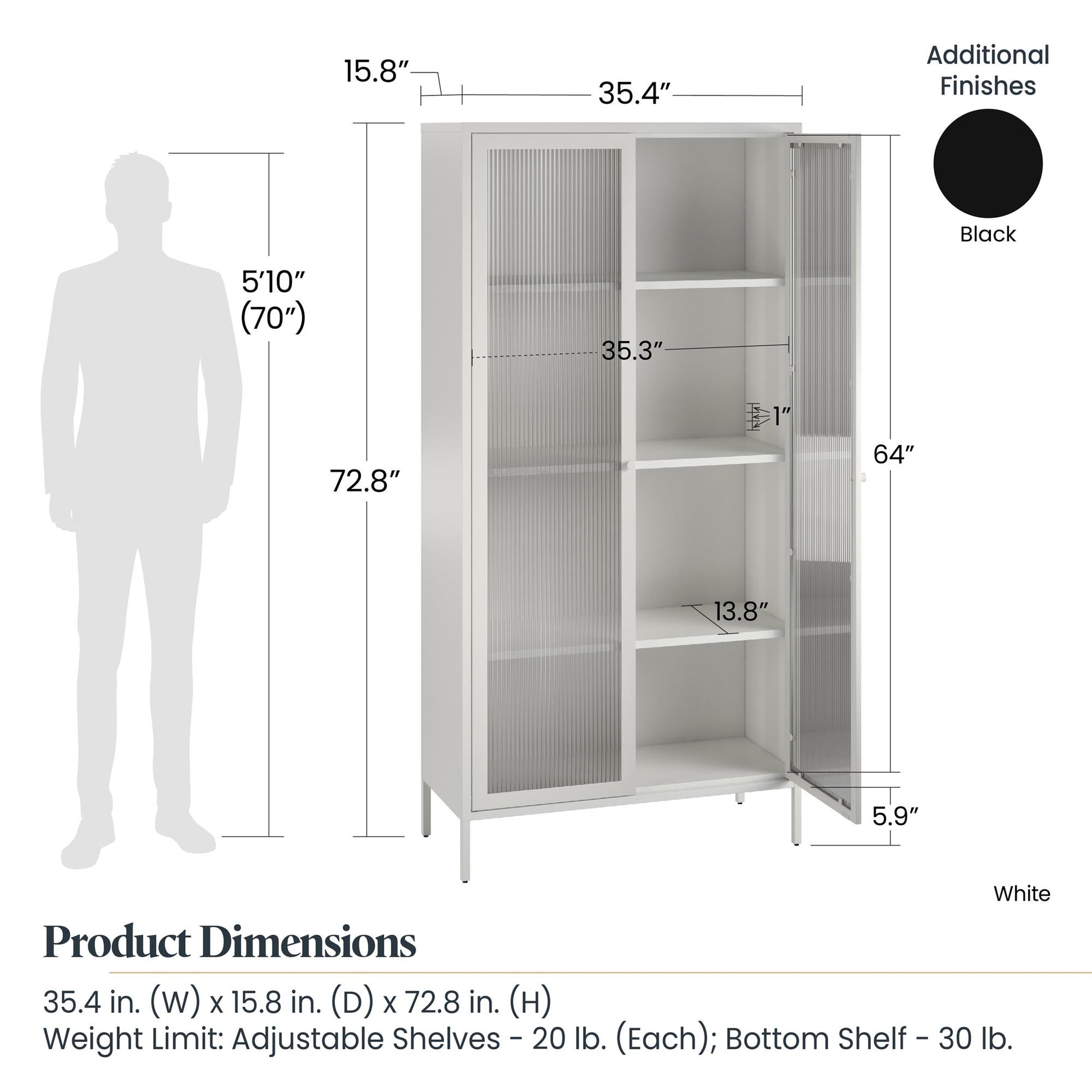 Ashbury Heights Tall 2 Door Storage Cabinet-Fluted Glass Metal Locker, White - White