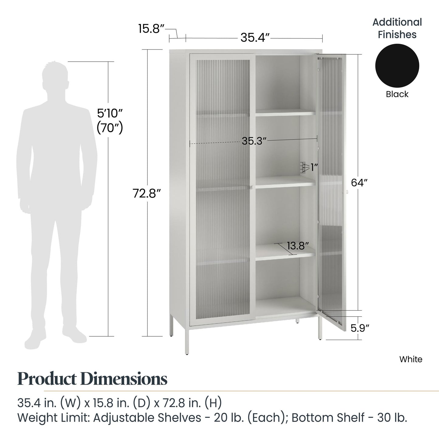 Ashbury Heights Tall 2 Door Storage Cabinet-Fluted Glass Metal Locker, Black - Black