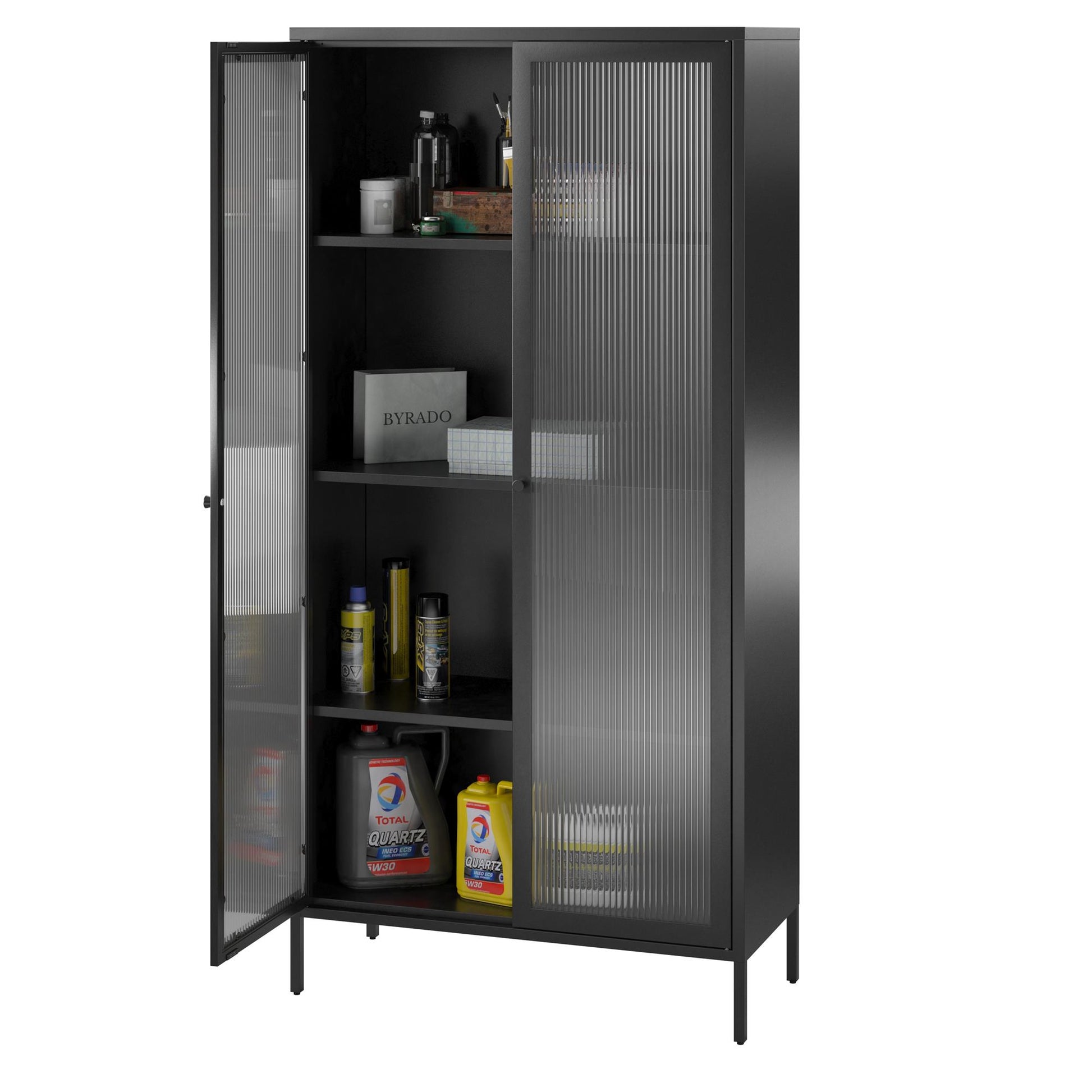 Ashbury Heights Tall 2 Door Storage Cabinet-Fluted Glass Metal Locker, Black - Black