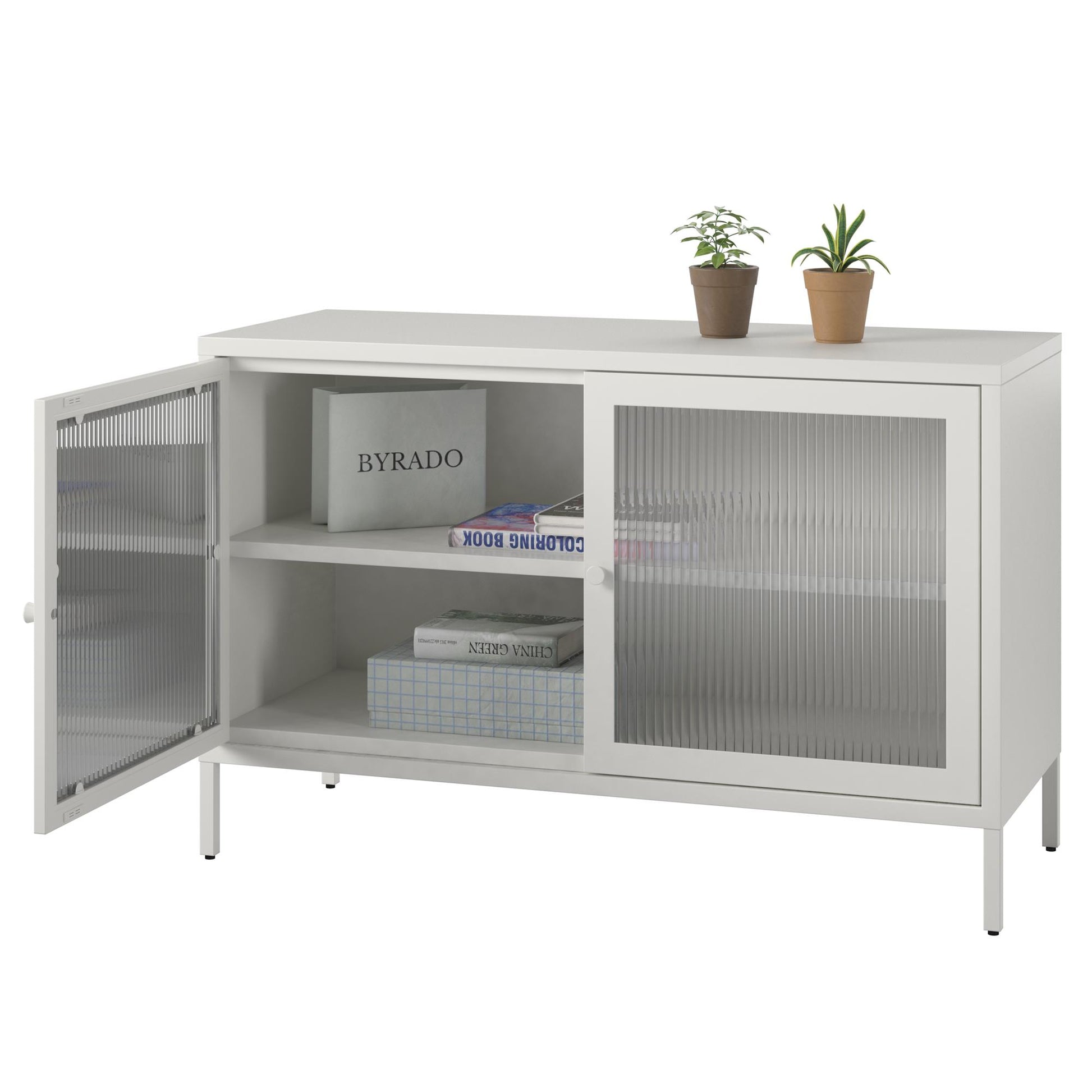 Ashbury Heights 2 Door Storage Cabinet-Fluted Glass Metal Locker, White - White
