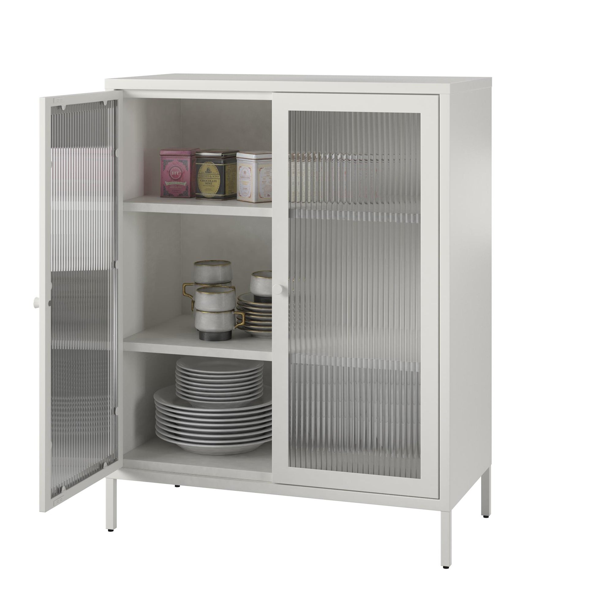 Ashbury Heights 2 Door Accent Cabinet-Fluted Glass Metal Locker, White - White