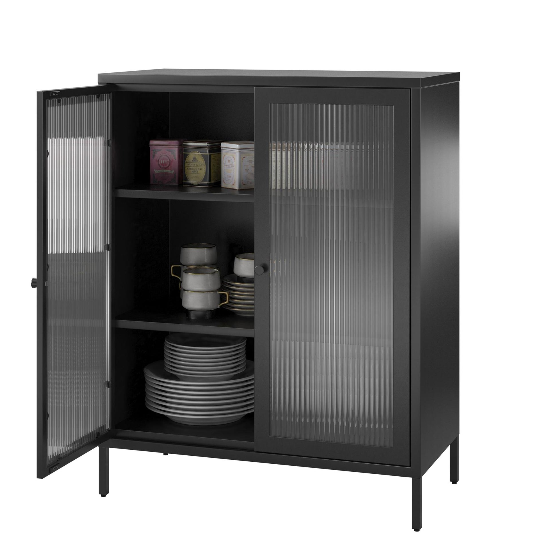 Ashbury Heights 2 Door Accent Cabinet-Fluted Glass Metal Locker, Black - Black