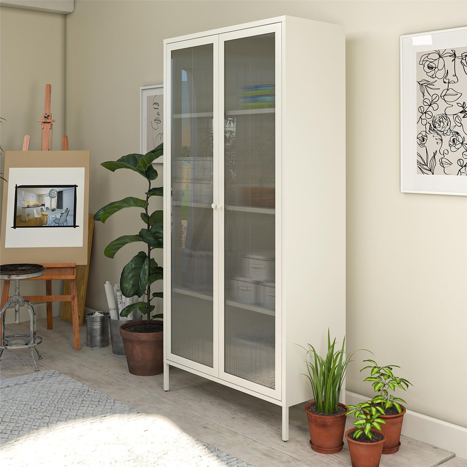 Ashbury Heights Tall 2 Door Storage Cabinet-Fluted Glass Metal Locker, White - White