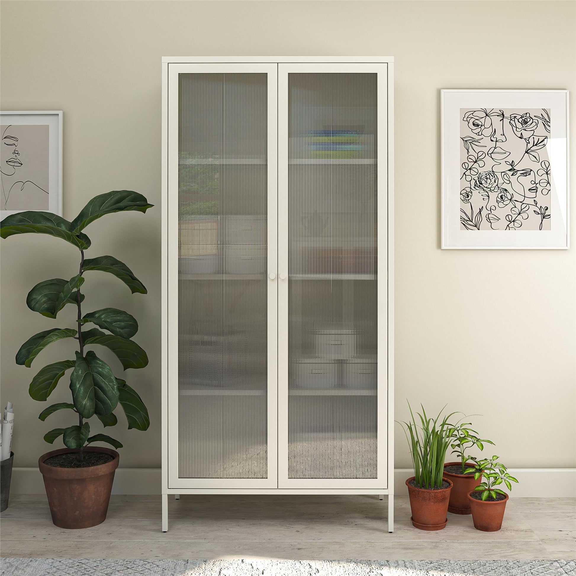 Ashbury Heights Tall 2 Door Storage Cabinet-Fluted Glass Metal Locker, White - White