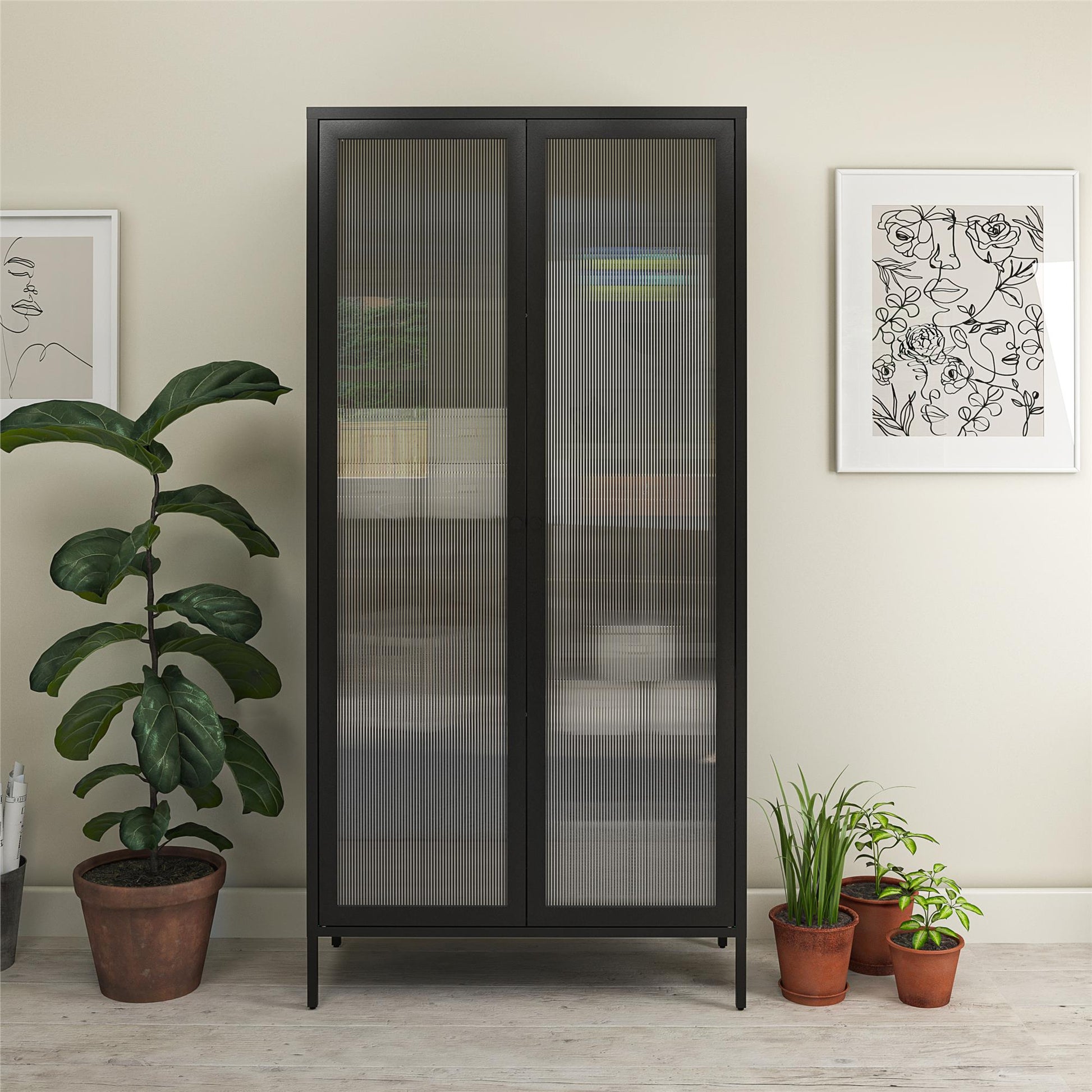 Ashbury Heights Tall 2 Door Storage Cabinet-Fluted Glass Metal Locker, Black - Black