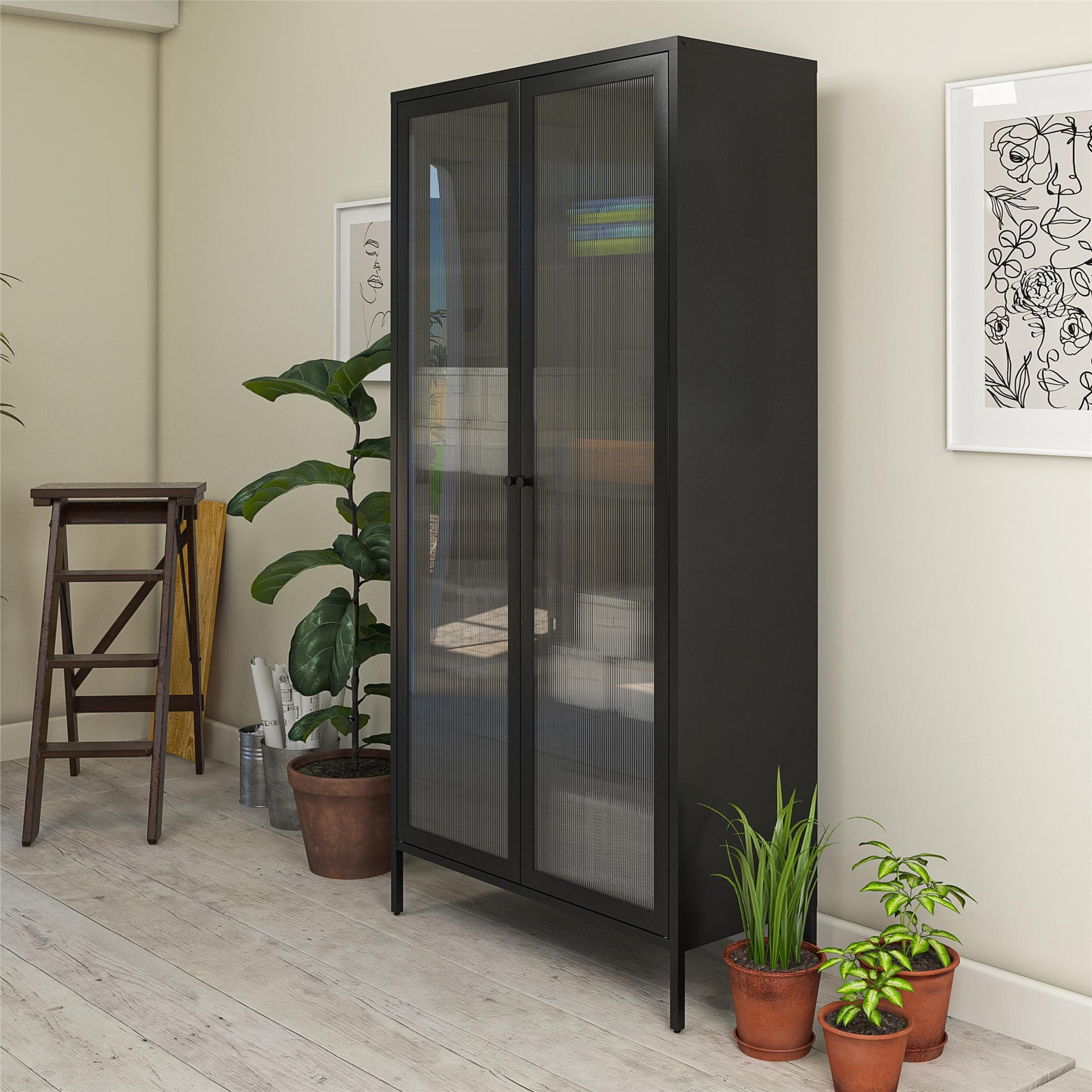 Ashbury Heights Tall 2 Door Storage Cabinet-Fluted Glass Metal Locker, Black - Black
