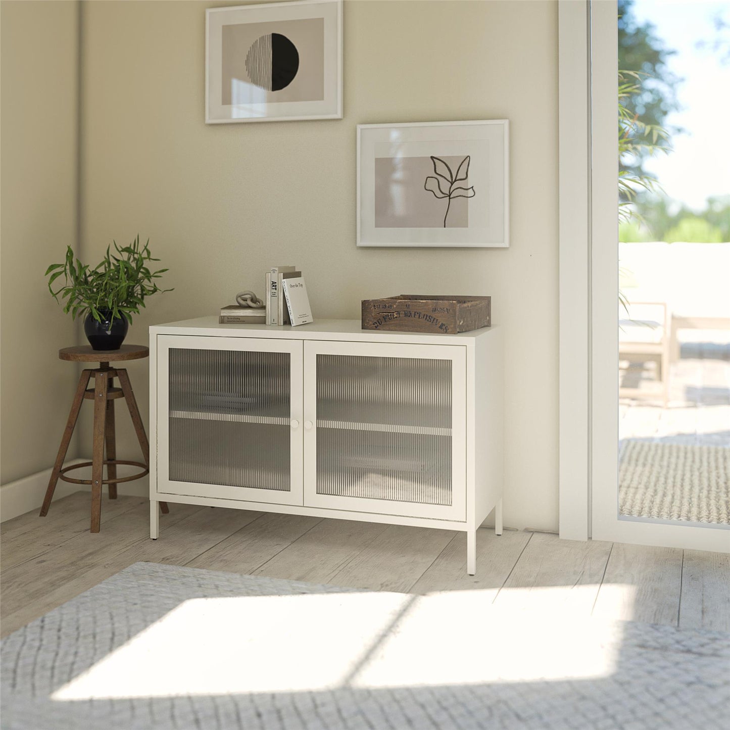 Ashbury Heights 2 Door Storage Cabinet-Fluted Glass Metal Locker, White - White