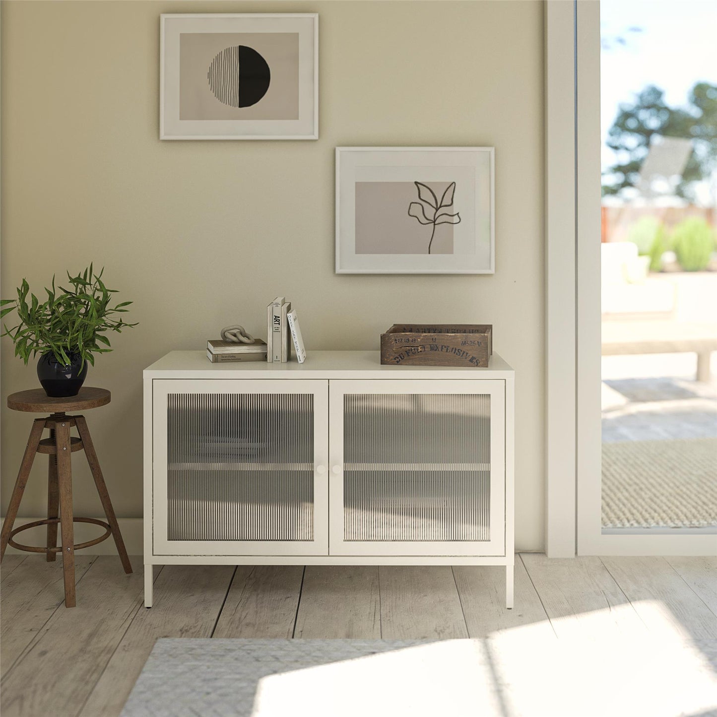 Ashbury Heights 2 Door Storage Cabinet-Fluted Glass Metal Locker, White - White
