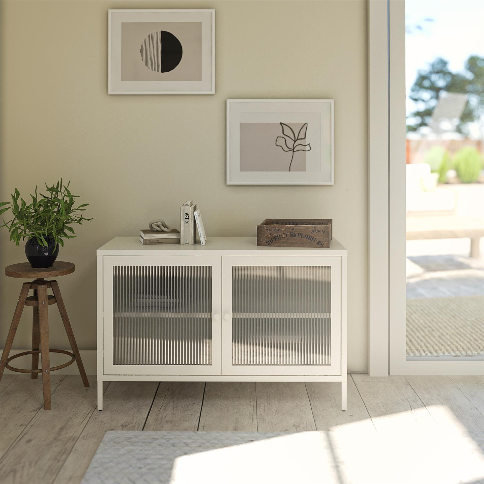 Ashbury Heights 2 Door Storage Cabinet-Fluted Glass Metal Locker, White - White