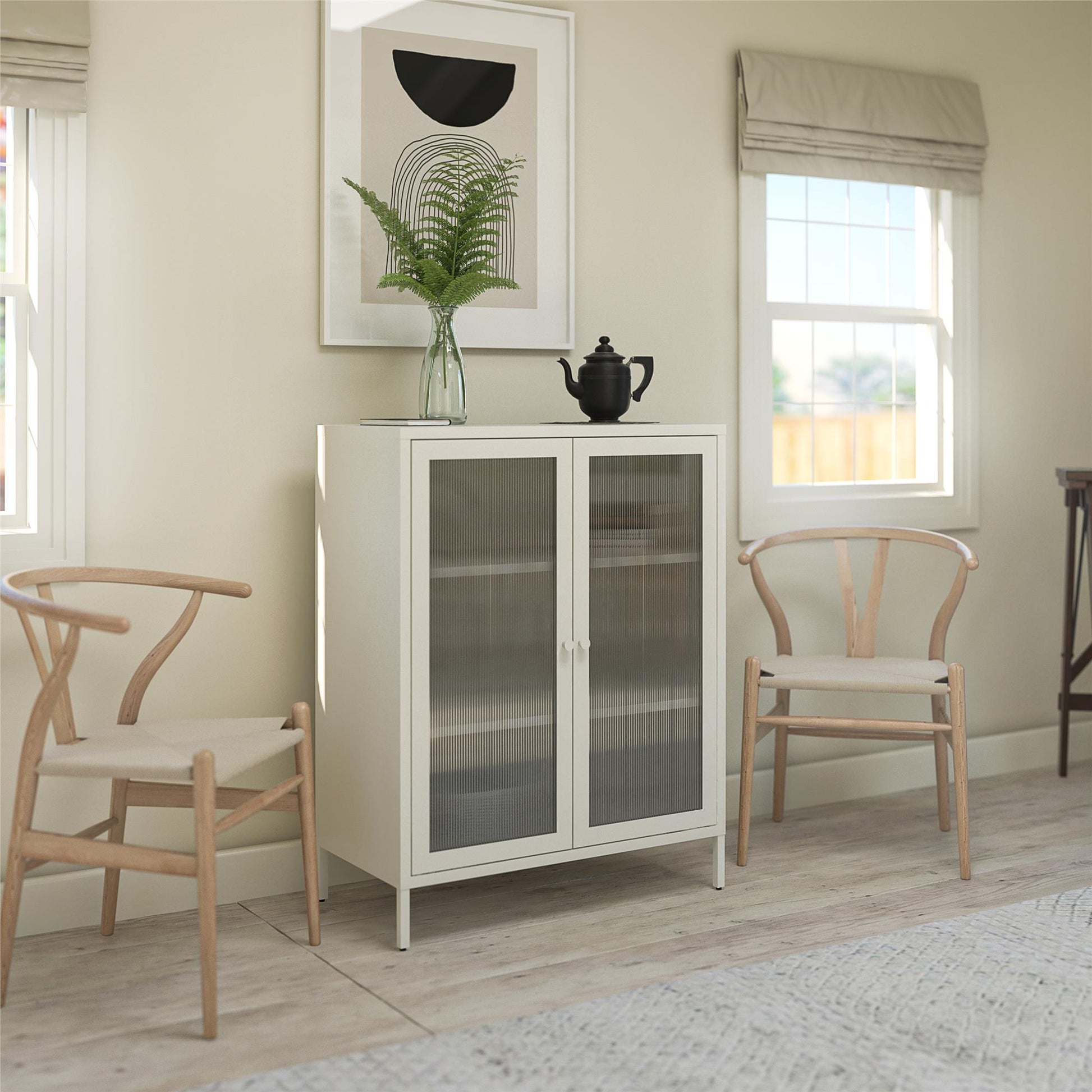 Ashbury Heights 2 Door Accent Cabinet-Fluted Glass Metal Locker, White - White
