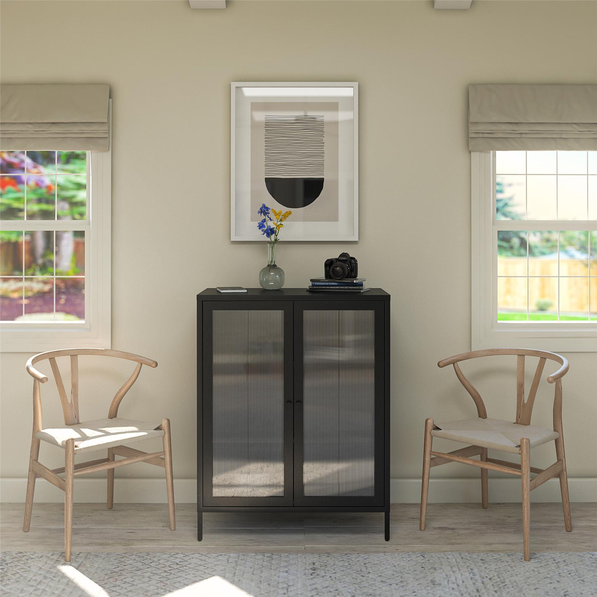 Ashbury Heights 2 Door Accent Cabinet-Fluted Glass Metal Locker, Black - Black