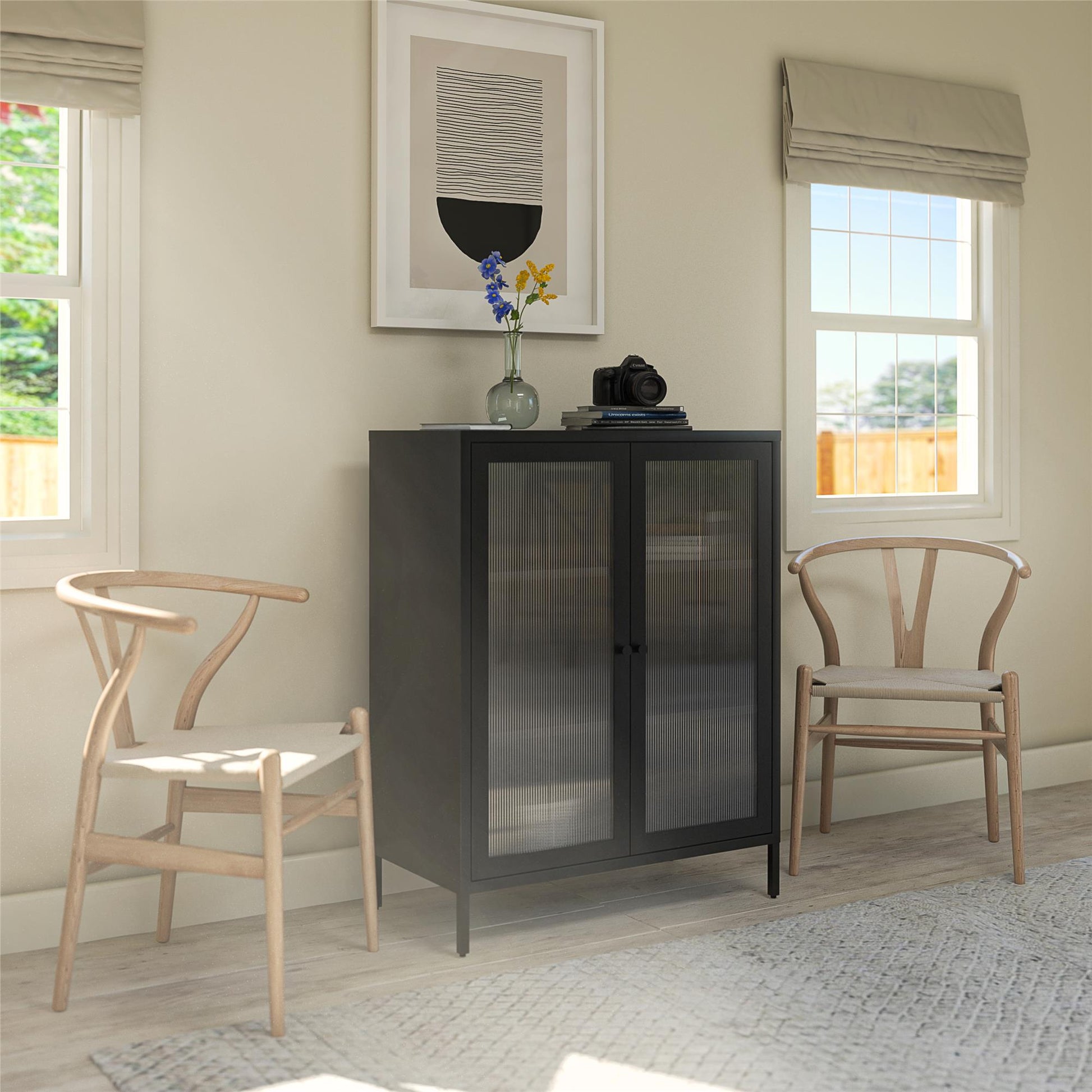 Ashbury Heights 2 Door Accent Cabinet-Fluted Glass Metal Locker, Black - Black
