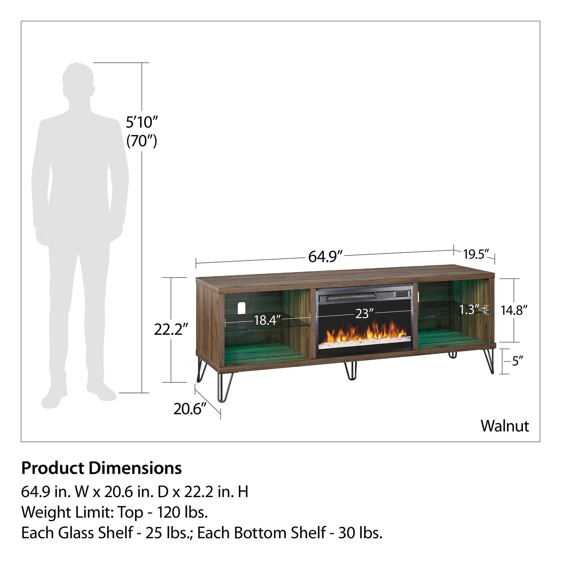 Concord 70" Fireplace TV Stand, Walnut - Walnut
